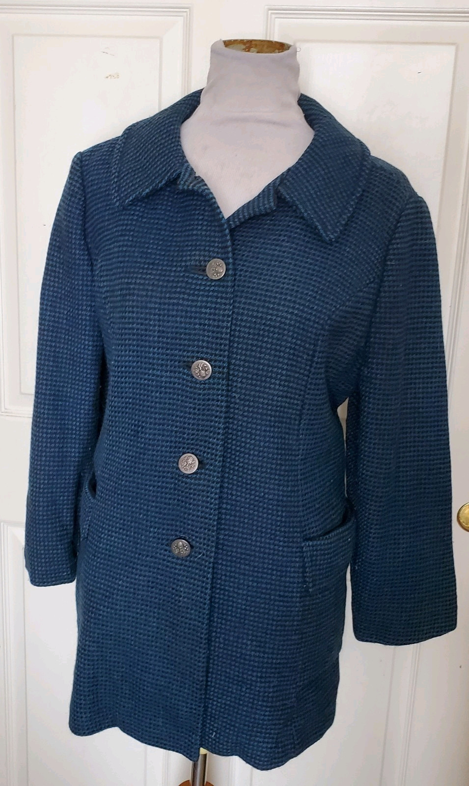Vintage 50s Black Blue Wool Hounds Tooth Check Pant Suit B44 Waist 30 ***