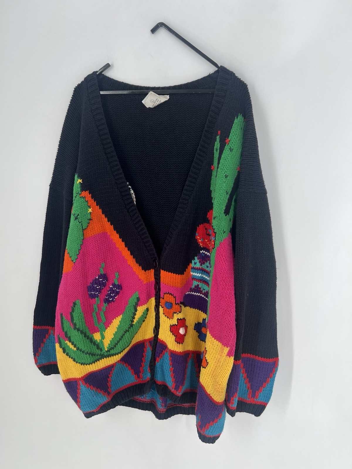 Vtg Andina Retro Abstract Embroidered Floral Cactus Chunky Knit Sweater Cardigan