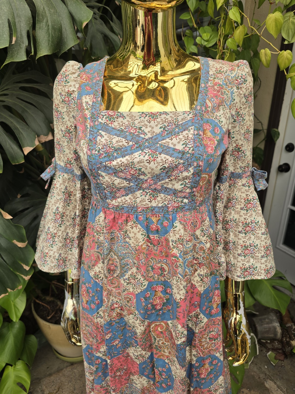 Vintage 1970s Vicky Vaught Prairie Maxi Dress Floral Patchwork Bell Sleeve S