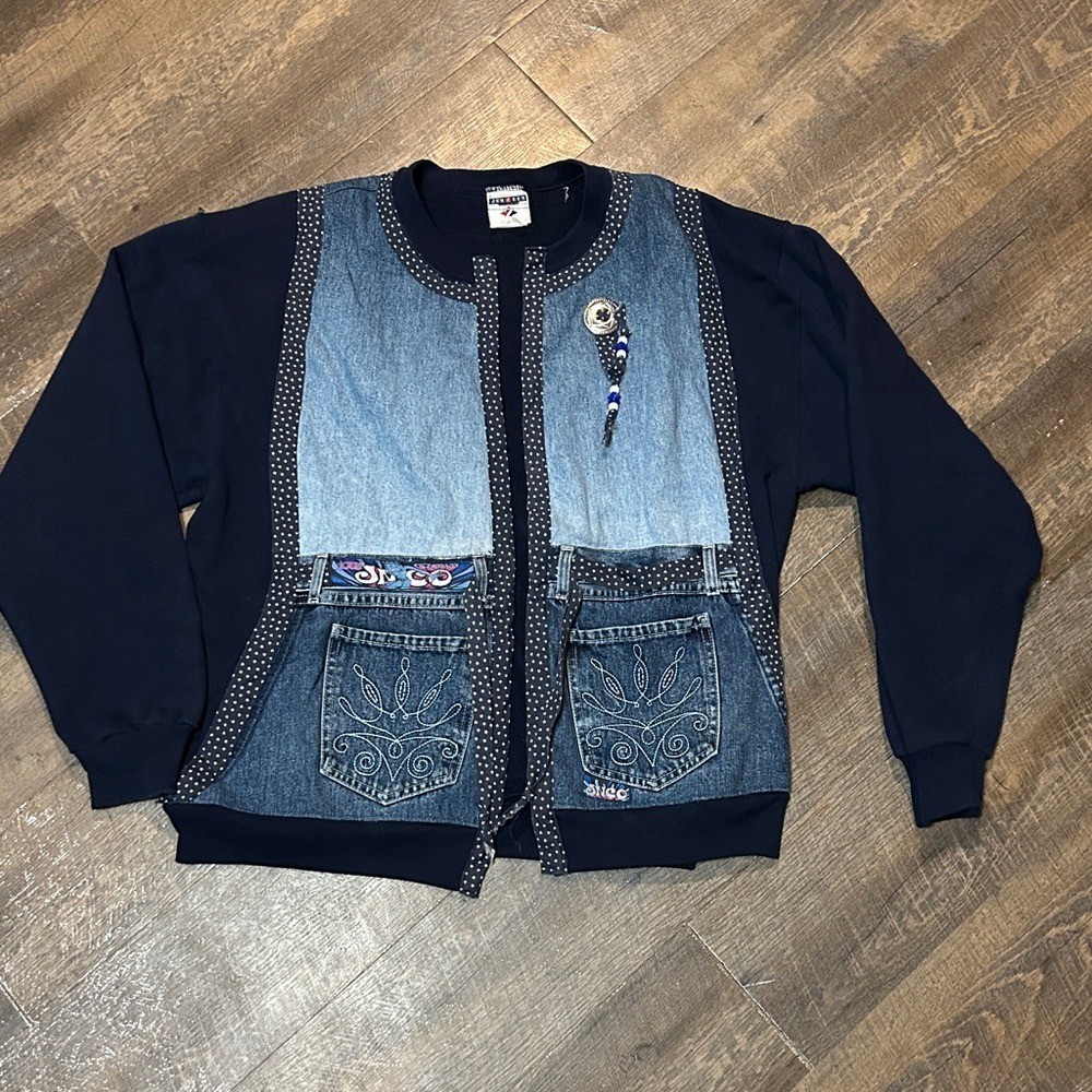 Vintage Sweatshirt Womens Large Blue Jacket Up cycle Jnco Denim DIY Made In USA
