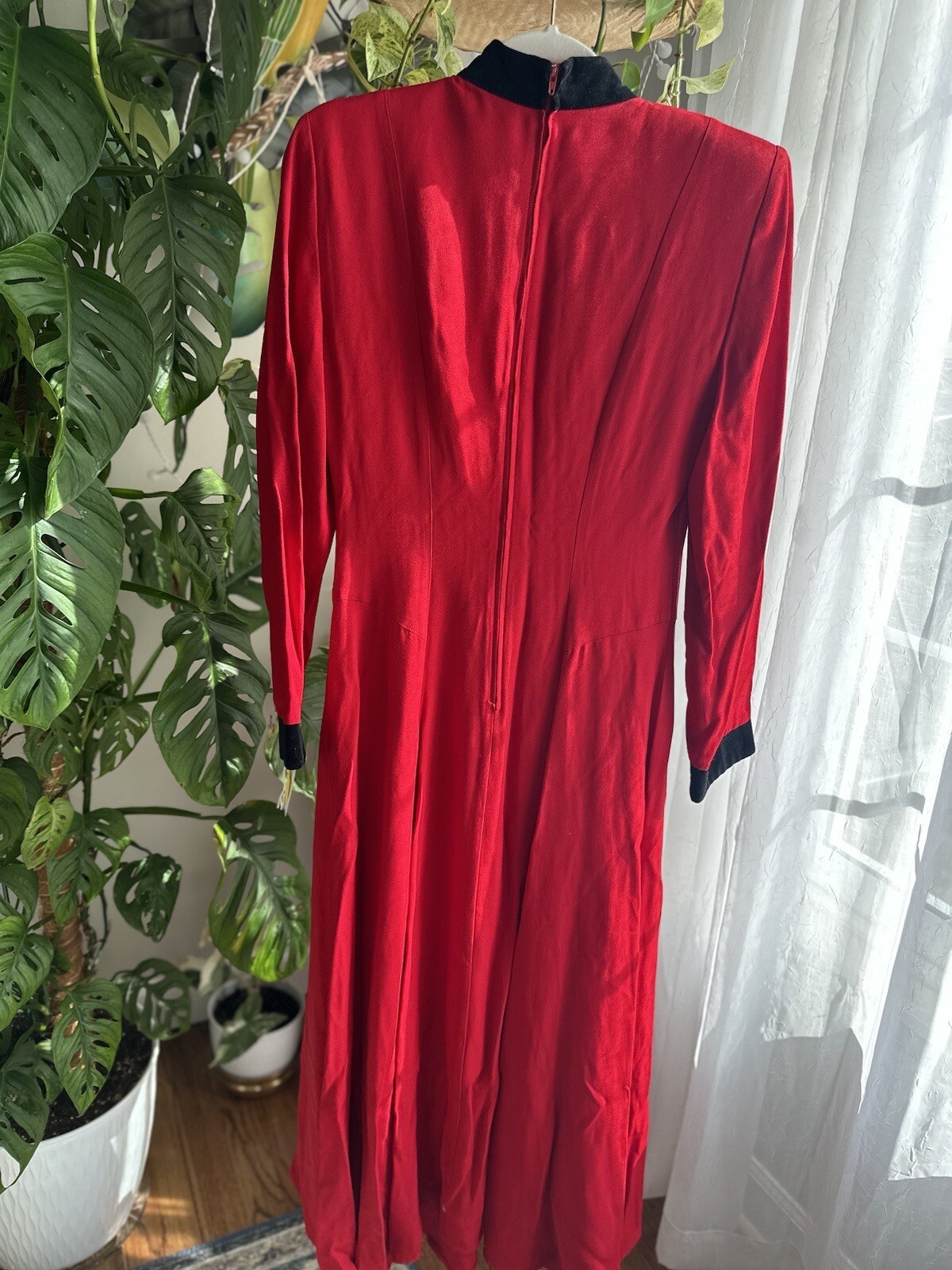 Vintage Julian Taylor Red Maxi Dress With Velvet Cuffs And Collar