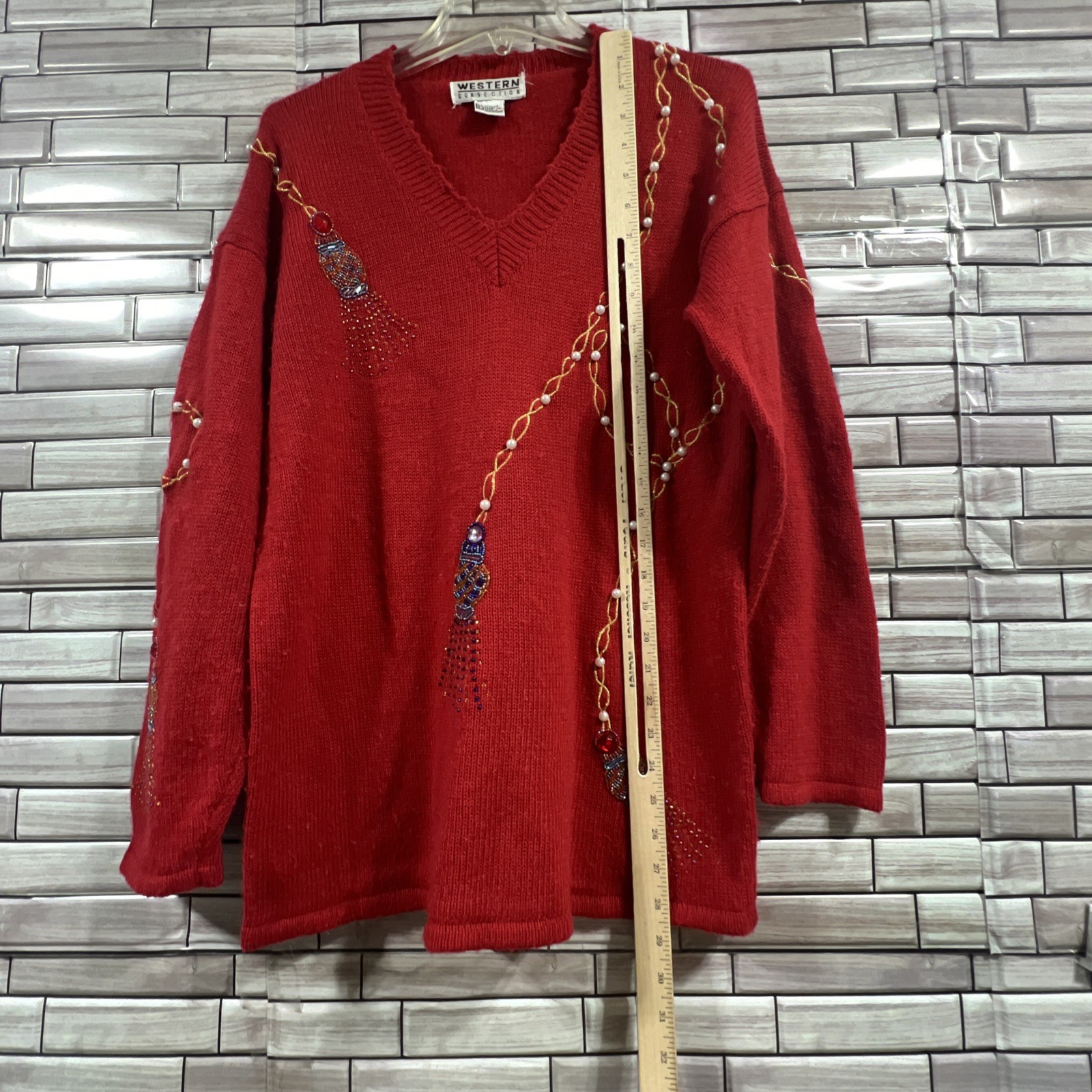 VTG Western Connection womens S tunic Sweater Red pearls beaded v neck 80s Retro