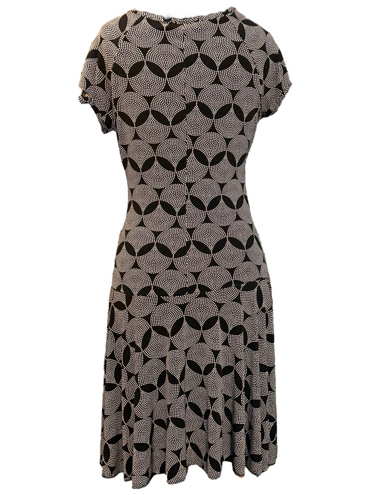 BCX V-Neck Cap Sleeve Ruching Bl/Wh Geo Print Short Faux Wrap Dress Women L VTG