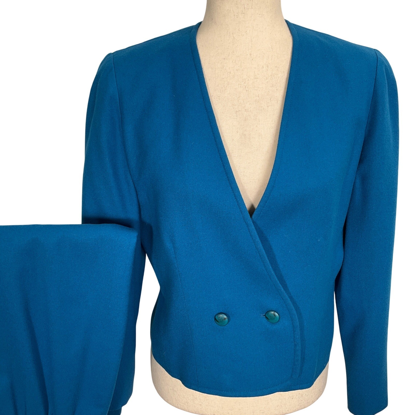 Pendleton 80s Skirt Suit Women Blazer 8P Skirt 6P Teal Double Breasted Wool USA