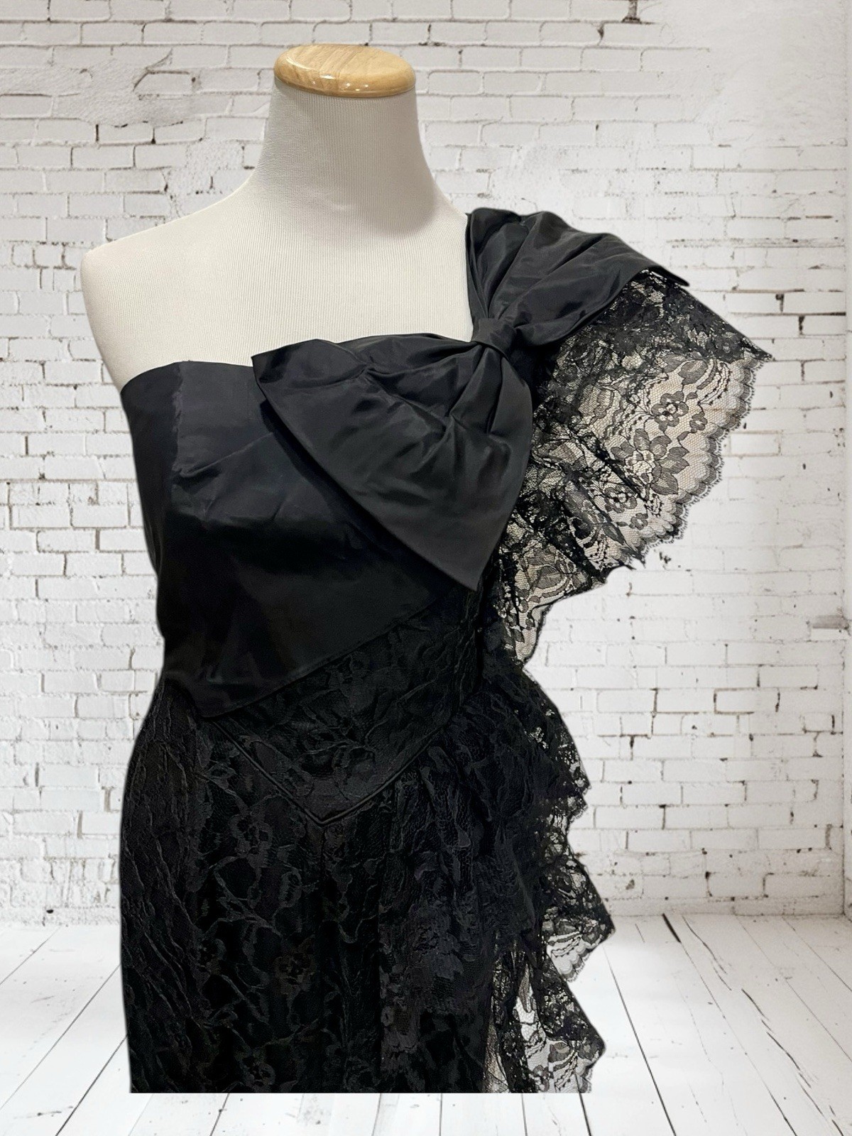 Vtg Climax Karen Okada David Howard Lace Black One Shoulder Bow Party Prom 3/4