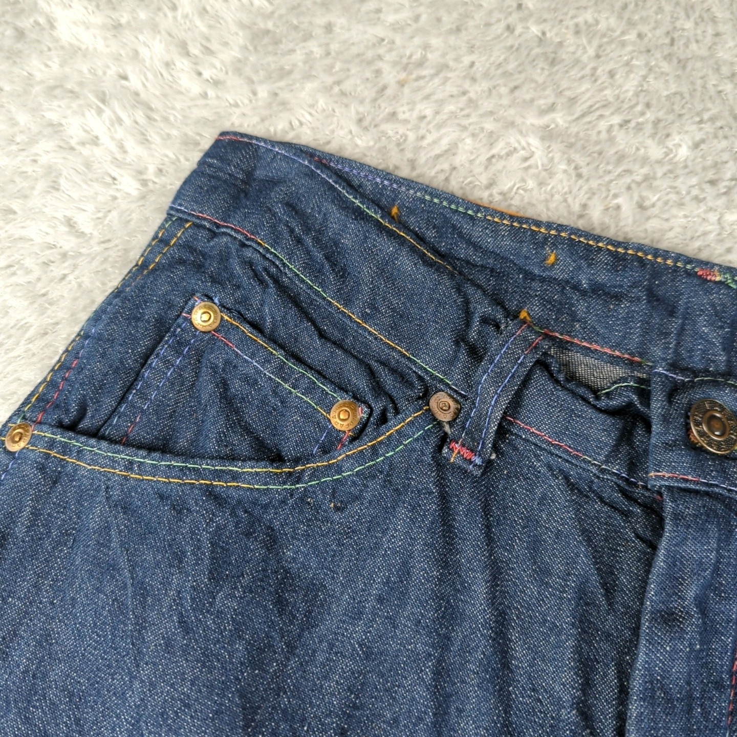 Vintage 1970s Farah Jeans Womens 31 XL Blue Flare Bell Bottoms Rainbow Stitch