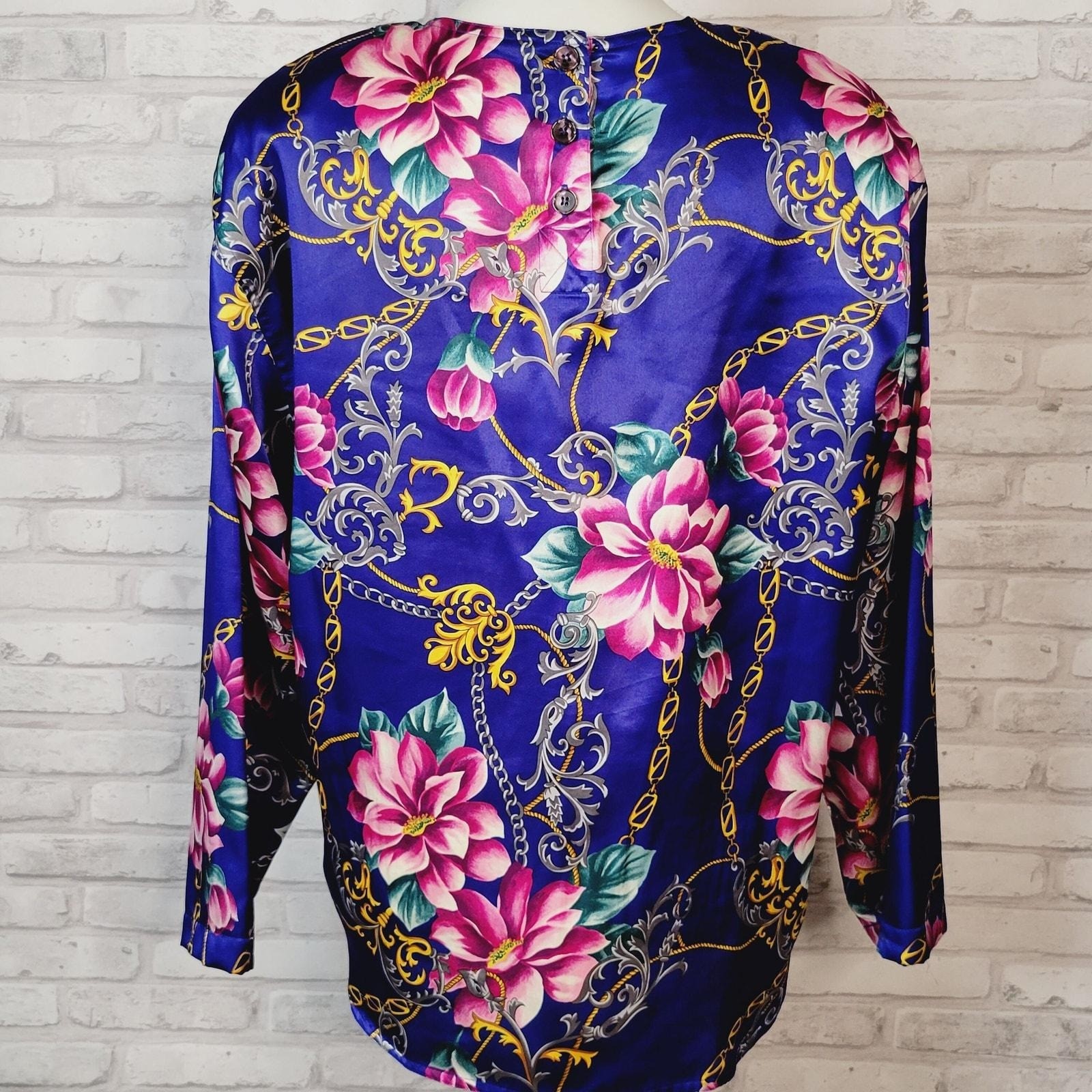 Vintage 80s Liz Claiborne Silky Polyester Top Sz 12 Equestrian Floral Mobwife