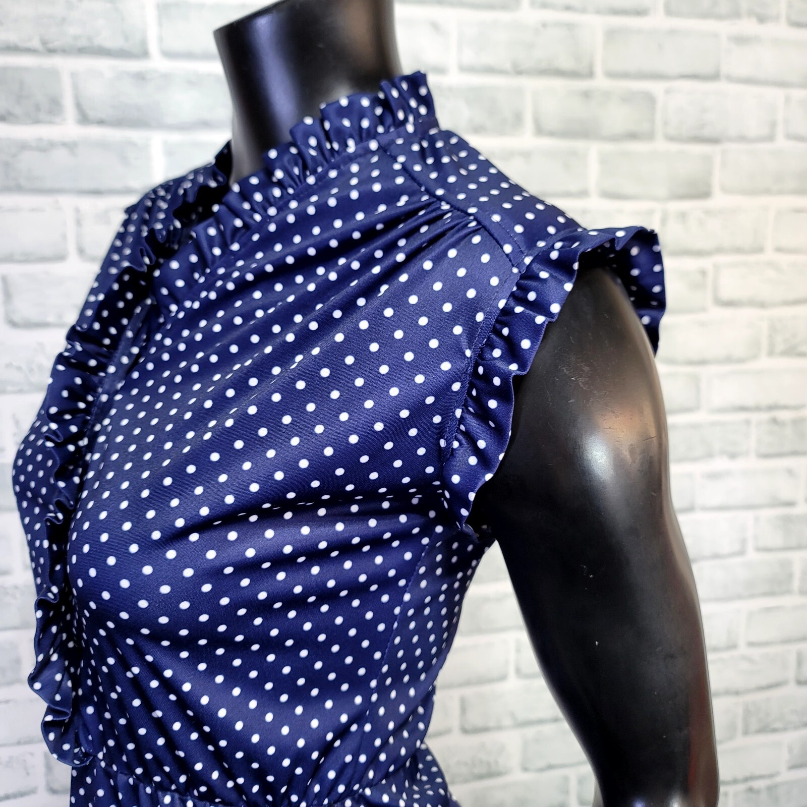 Vintage 70s Avon Fashion S Navy White Polka Dot Ruffle Sleeveless Sheath Dress