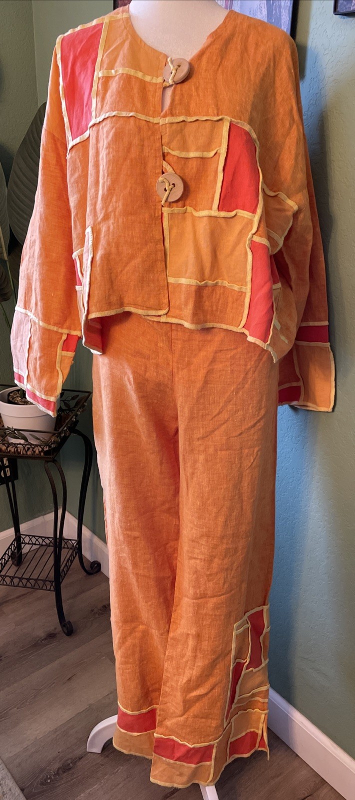 Jaskar Vintage BOHO Orange Patchwork Linen Long Sleeve 2 Pc Top Pants Set Medium