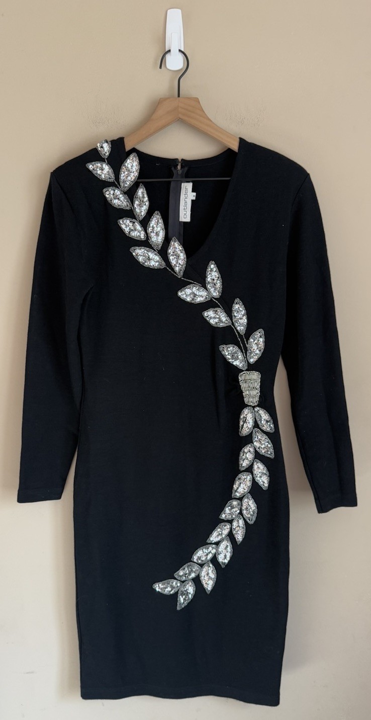 Vintage Dress 1980s Outlander Wool Knit Sheath Silver Sequin Leaves Womens Small