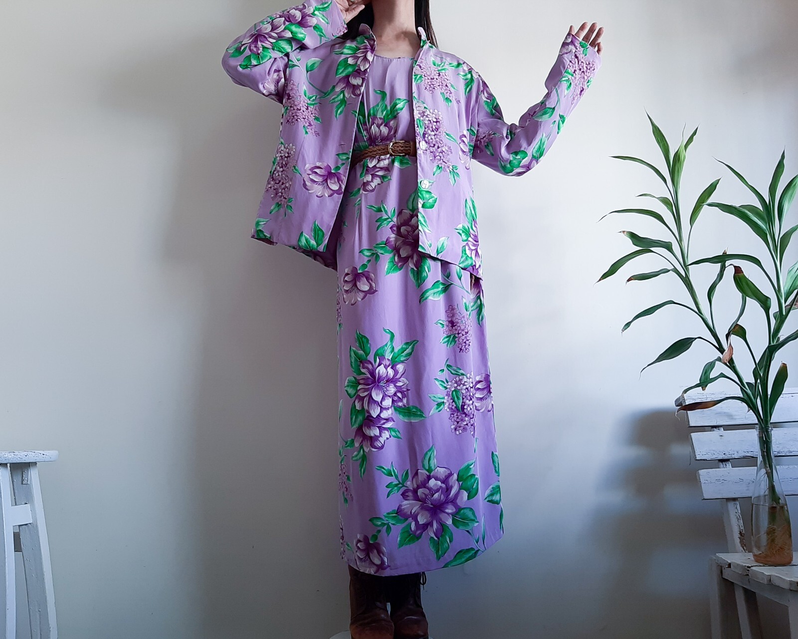 METRO STYLE Purple Floral 100% Silk Dress Jacket Set 2 Piece set Size 16 Size XL