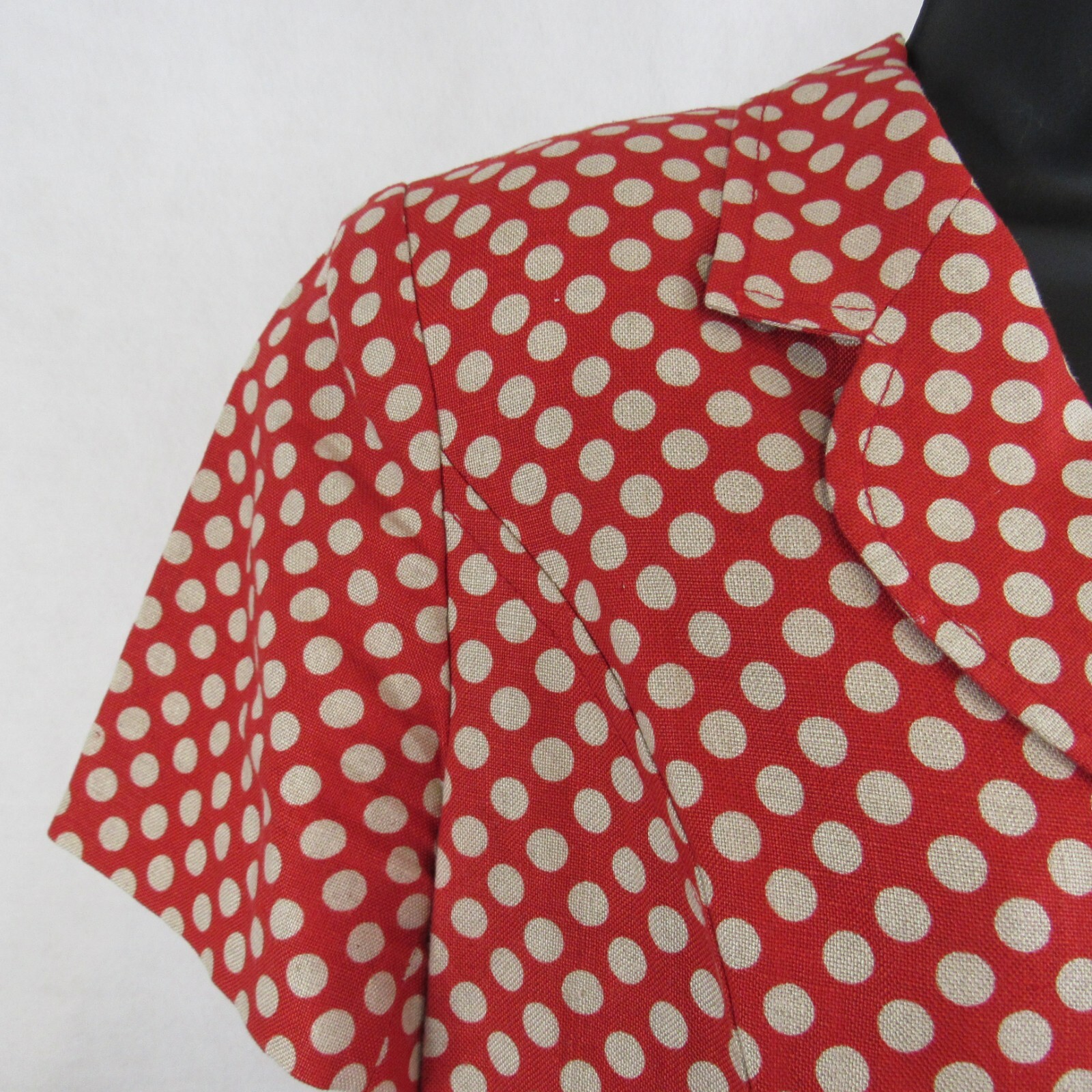 100% Linen Women’s Shirt Short Sleeve Red White Polka Dot Career Business Casual