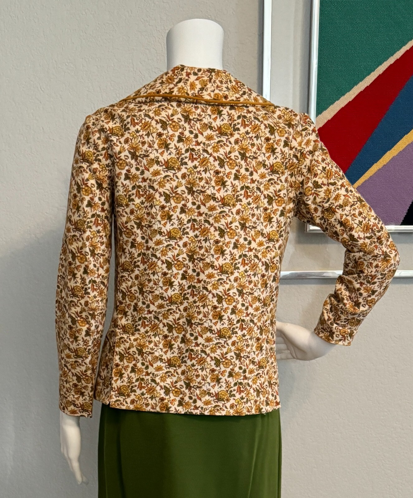 Vintage 70s Robbie Rivers Army Green, Gold, Brown Flower Jacket & Catilina Skirt