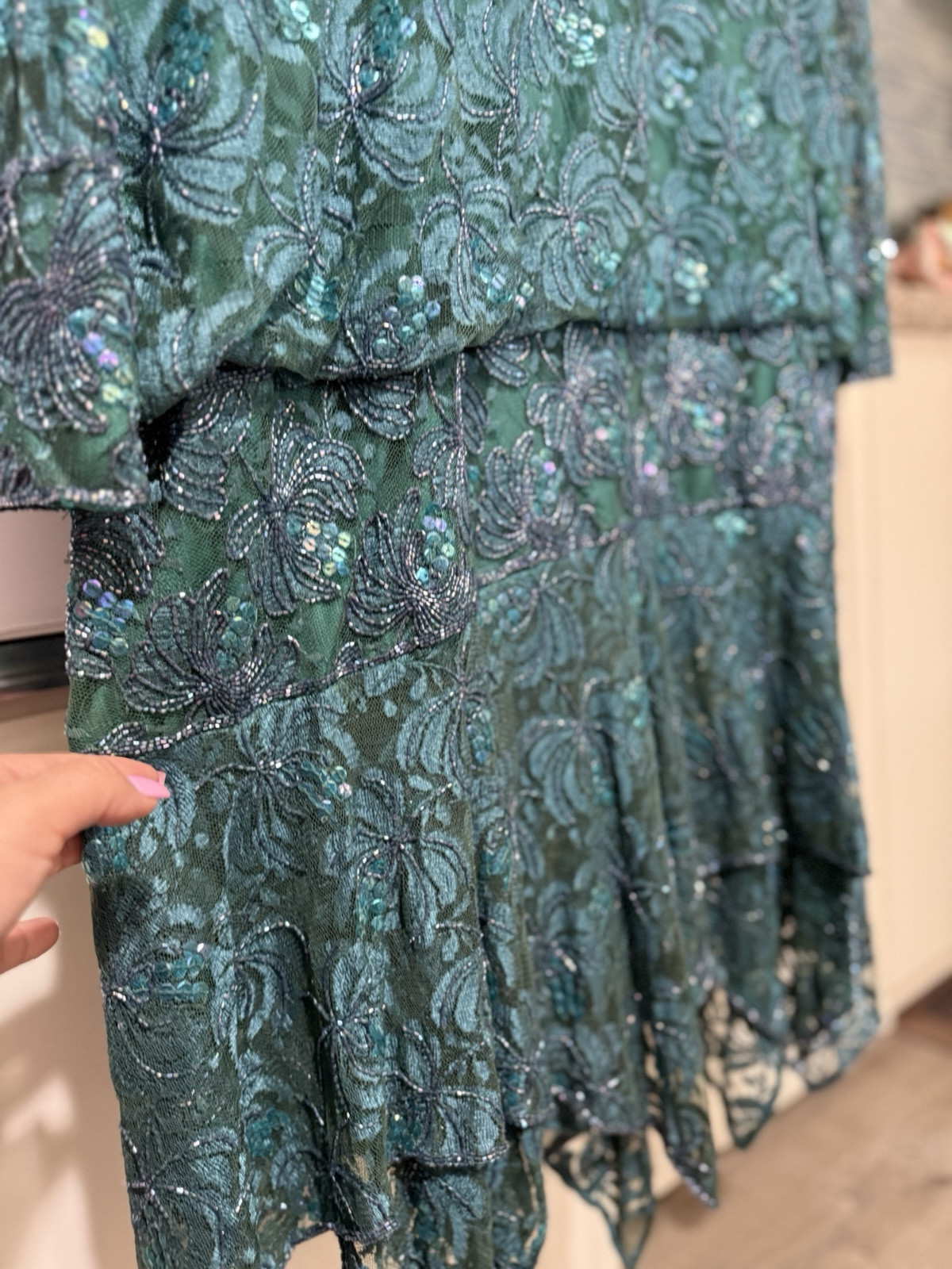 VINTAGE 1980’s CHANNA Lace Teal Sequin Beaded Embellished Dress India Womens 3X