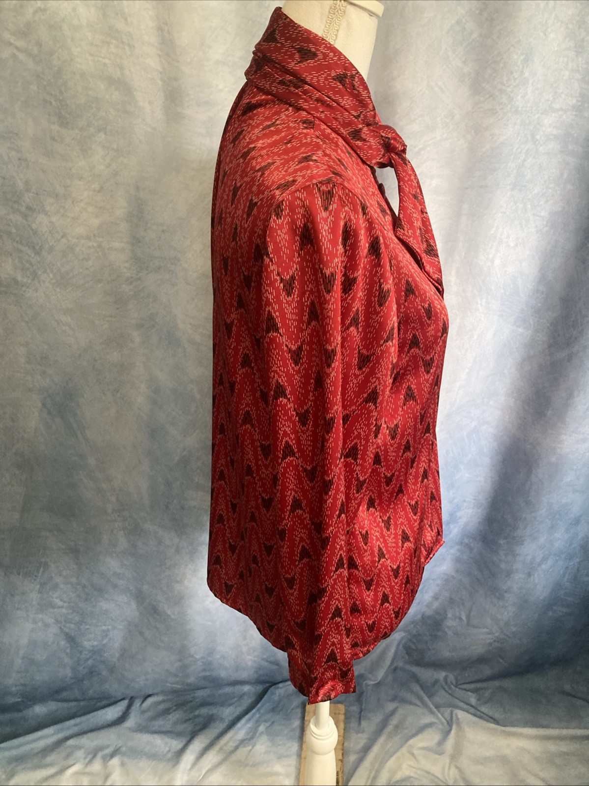 VTG 70s Weathervane Secretary Blouse Asymmetric Button Red Ikat Chevron Tie Neck