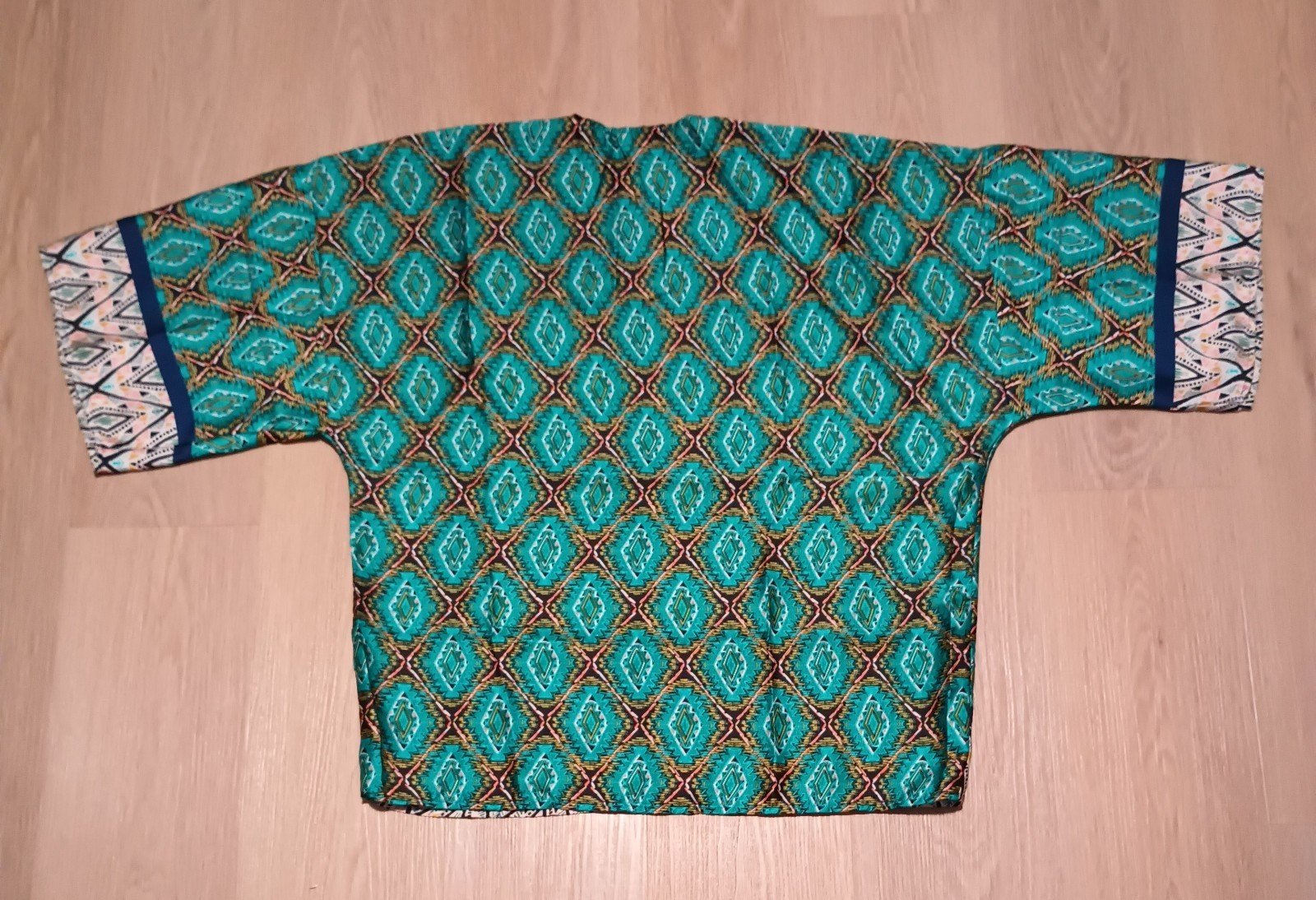 Vtg LAC BLEU Teal Geometric Southwest India Kimono Open Jacket Robe lounge L
