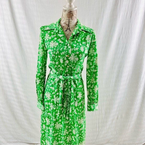 Vintage 70s The Stroller Shirt Dress Green Floral Size S/M