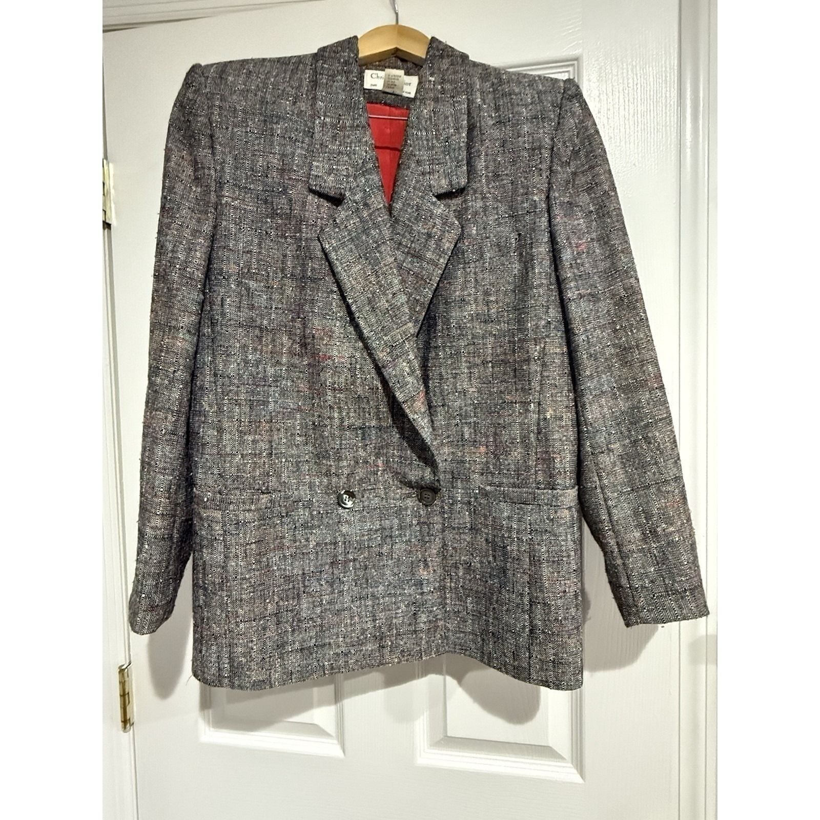 Vintage Christian Dior Jacket Womens 12 Black Blazer Career Preppy Classic Gray