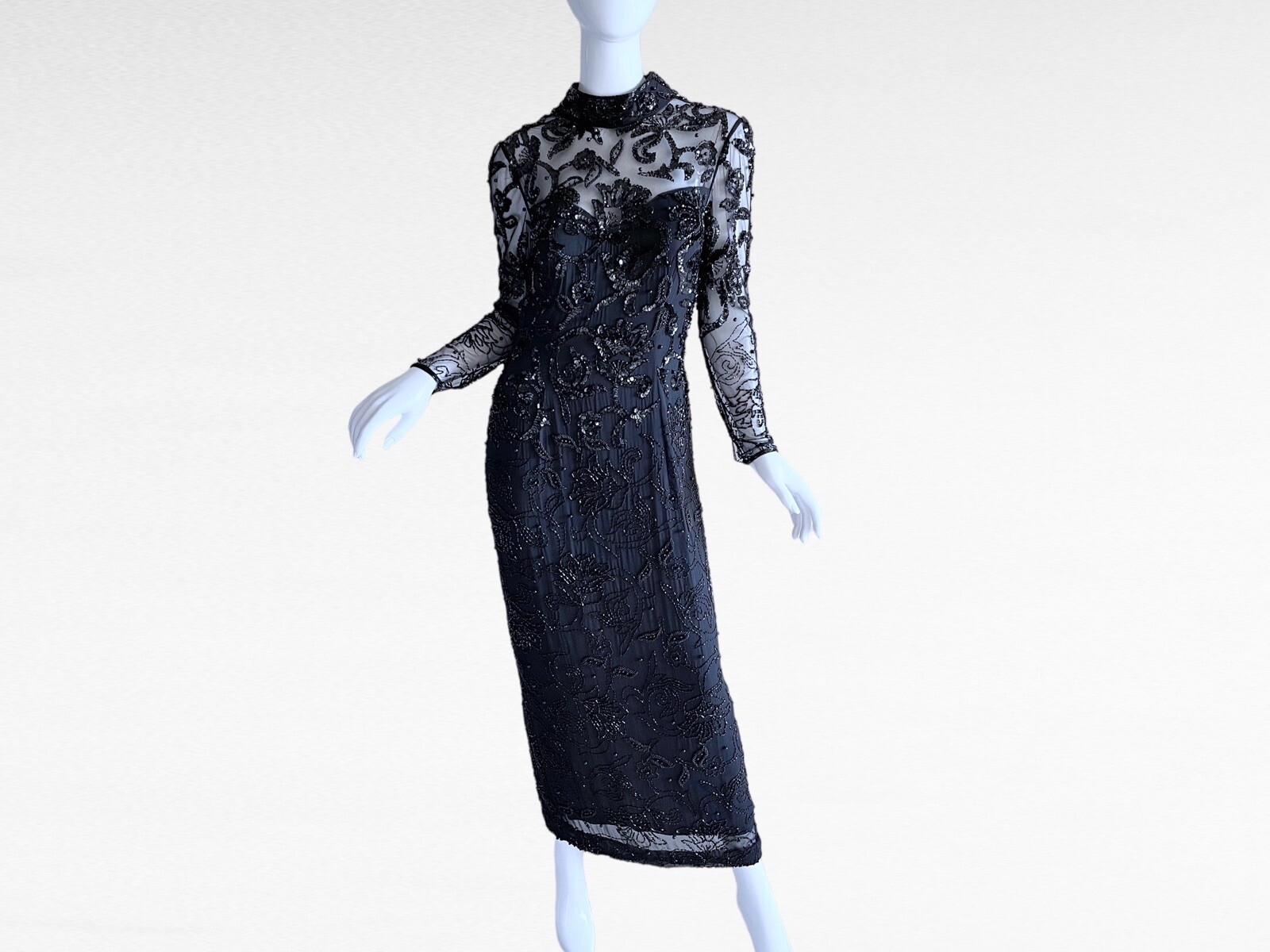 1980s Black Sequin Beaded Victorian Edwardian Goth Evening Dress Medium