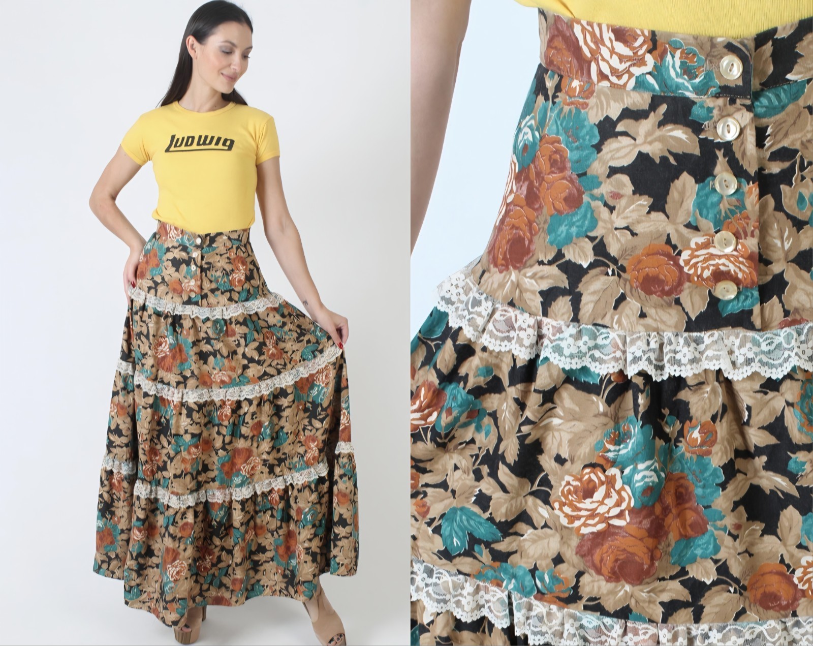 1970s YOU BABES Skirt Autumn Floral Lace Trim Tiered Maxi Cottagecore Boho Sz 26