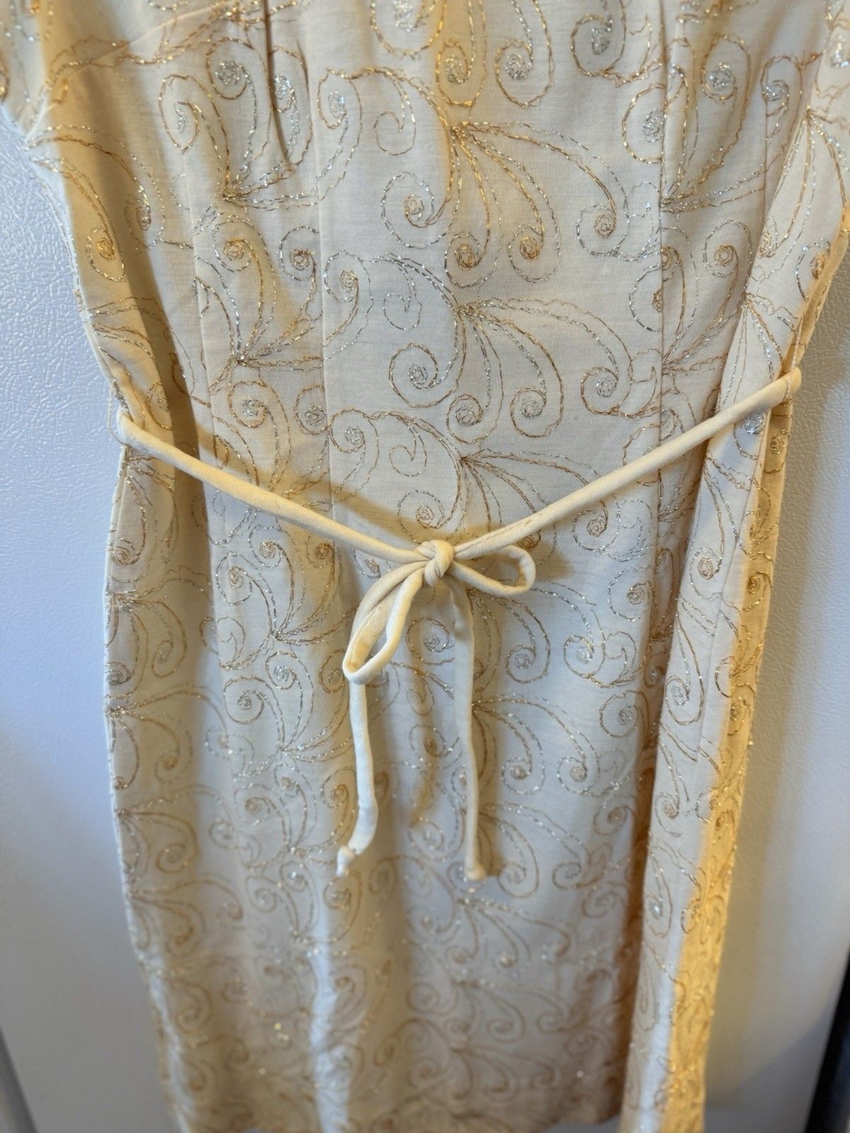 60s Vintage Mary Roberts Boxy Winter White Dress with gold Metallic Thread