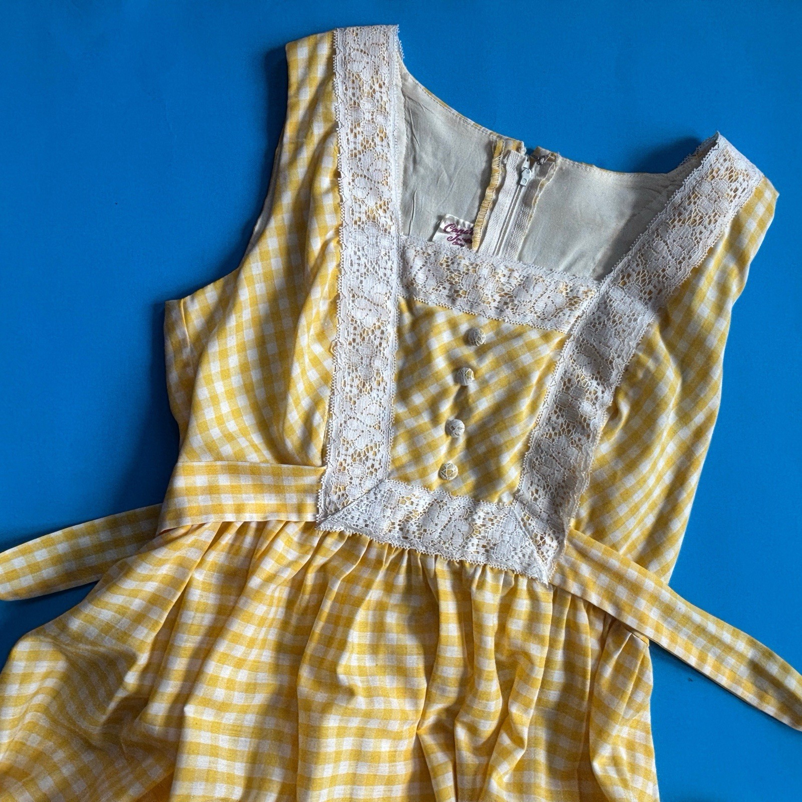 Candi Jones California Vintage 70s Yellow Gingham Lace Midi Dress Size 7
