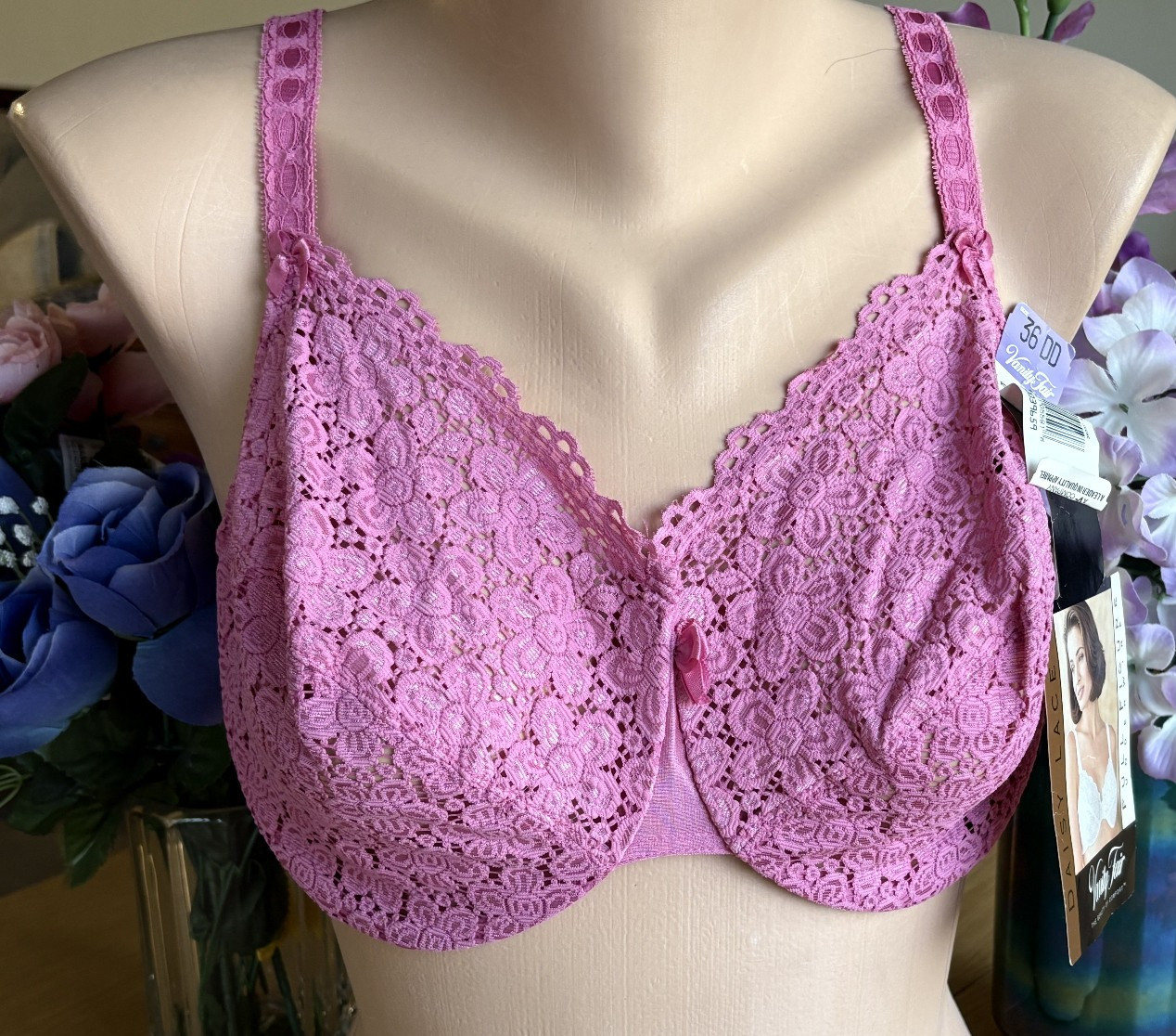 VANITY FAIR 36DD PINK Lace Unlined Sheer Underwire Bra #75080 VINTAGE NWT
