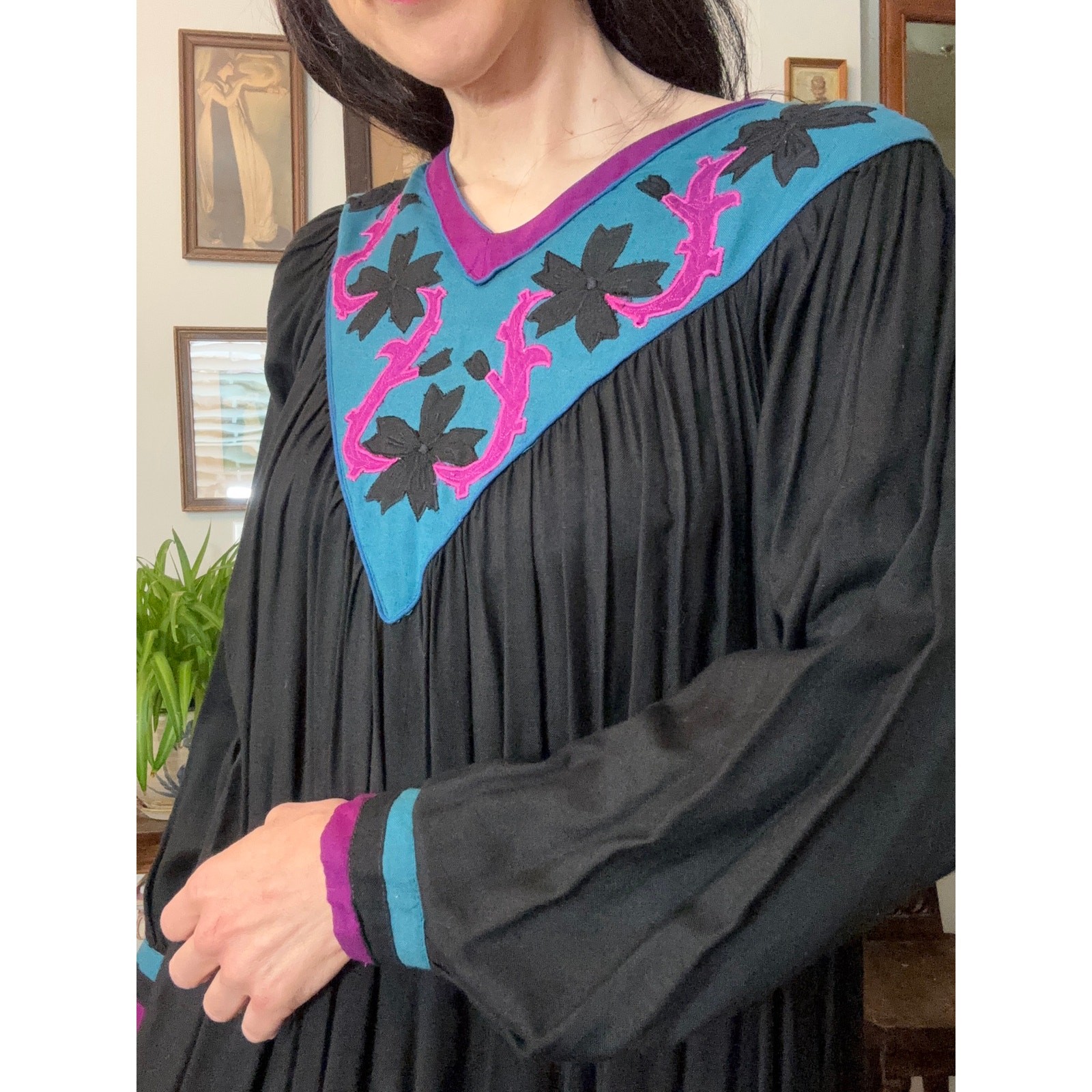 70s 80s vintage Kaftan dress black embroider neckline Papillon purple turquoise
