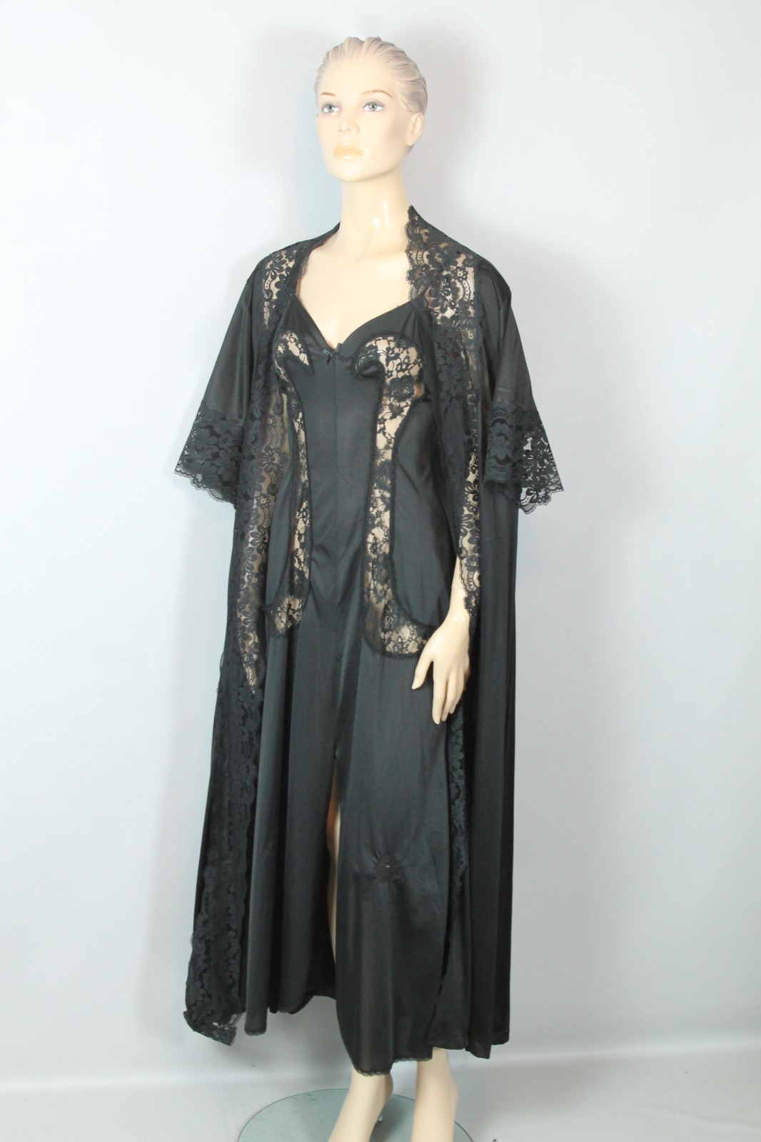 Vtg GLYDONS Made USA Hollywood Black Nylon Lace 2pc Peignoir Nightgown Robe M