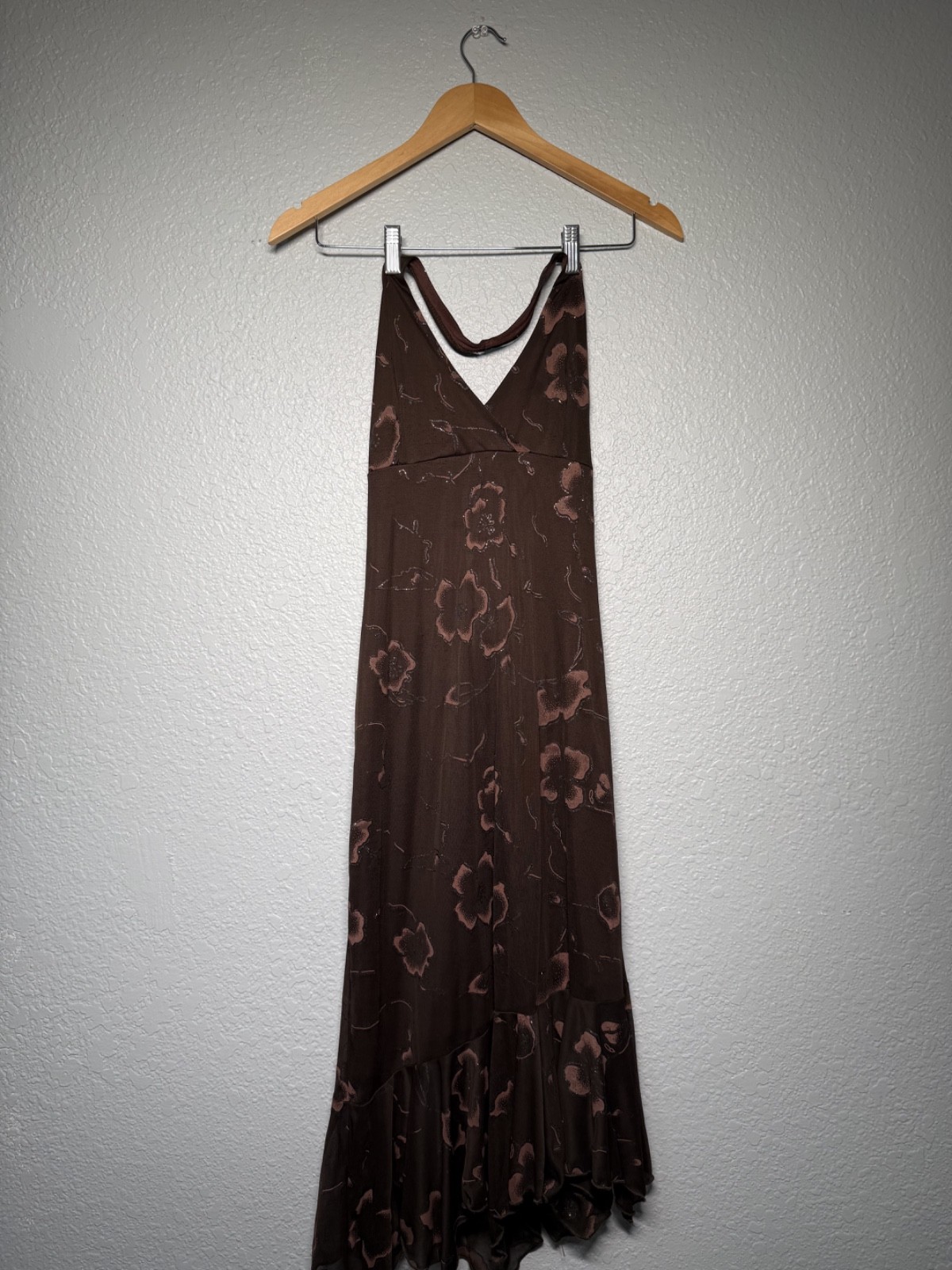 vintage 90s sparkle brown dress ruffle asymmetrical halter flow formal festival