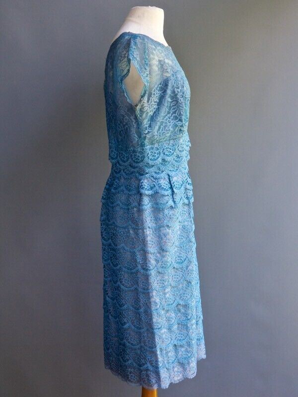 VTG 50s 60s Ferman O’Grady Blue Bombshell Pin Up Starlet Tiered Lace Dress L XL