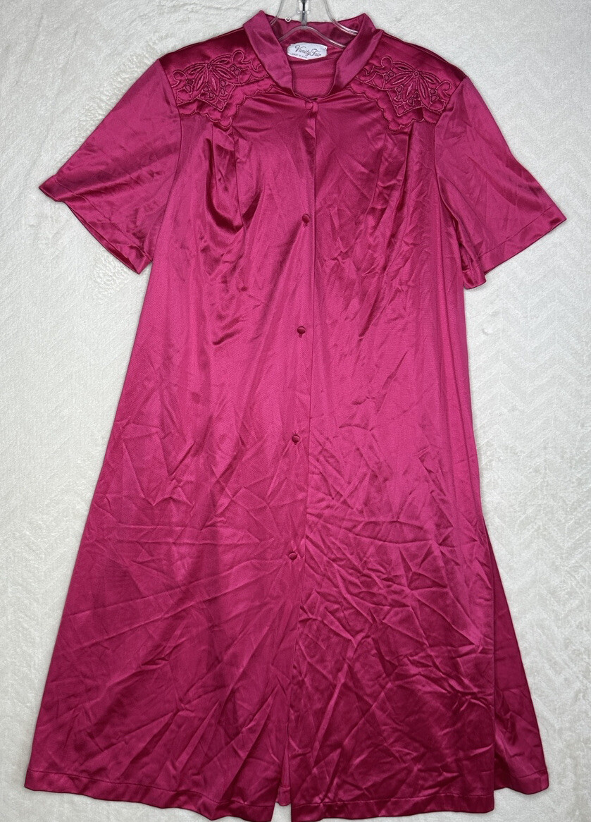 Vintage Vanity Fair Nightgown Size Small Magenta Pink Long Embroidery Button Up