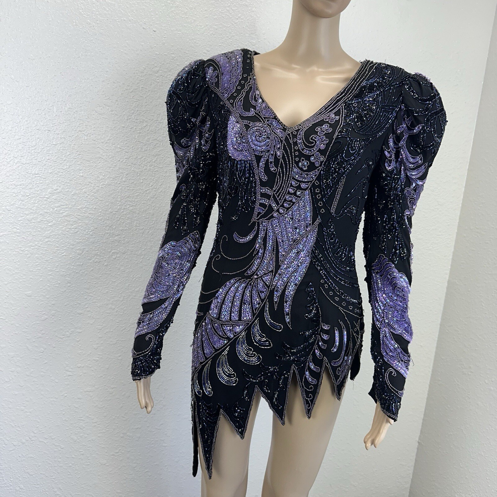 Vtg Fully Beaded Sequin Silk Mini Dress Tunic Peacock Great Gatsby Dancer M