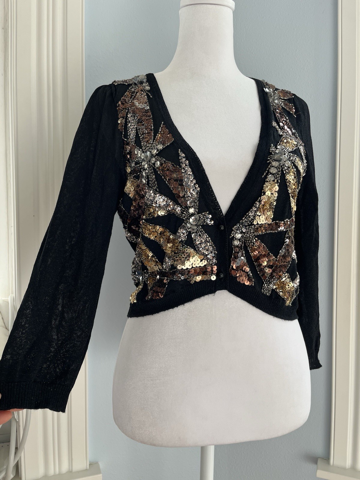 Sequin Beaded Sheer Black Gold Cardigan Sweater Pin-up Evening 80’s XS S Cropped