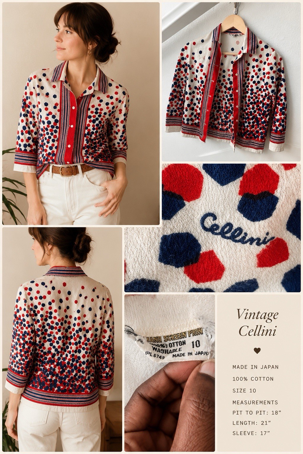 Cellini Vintage Cotton Collared Button-Front Shirt Size 10 Red White Blue Japan