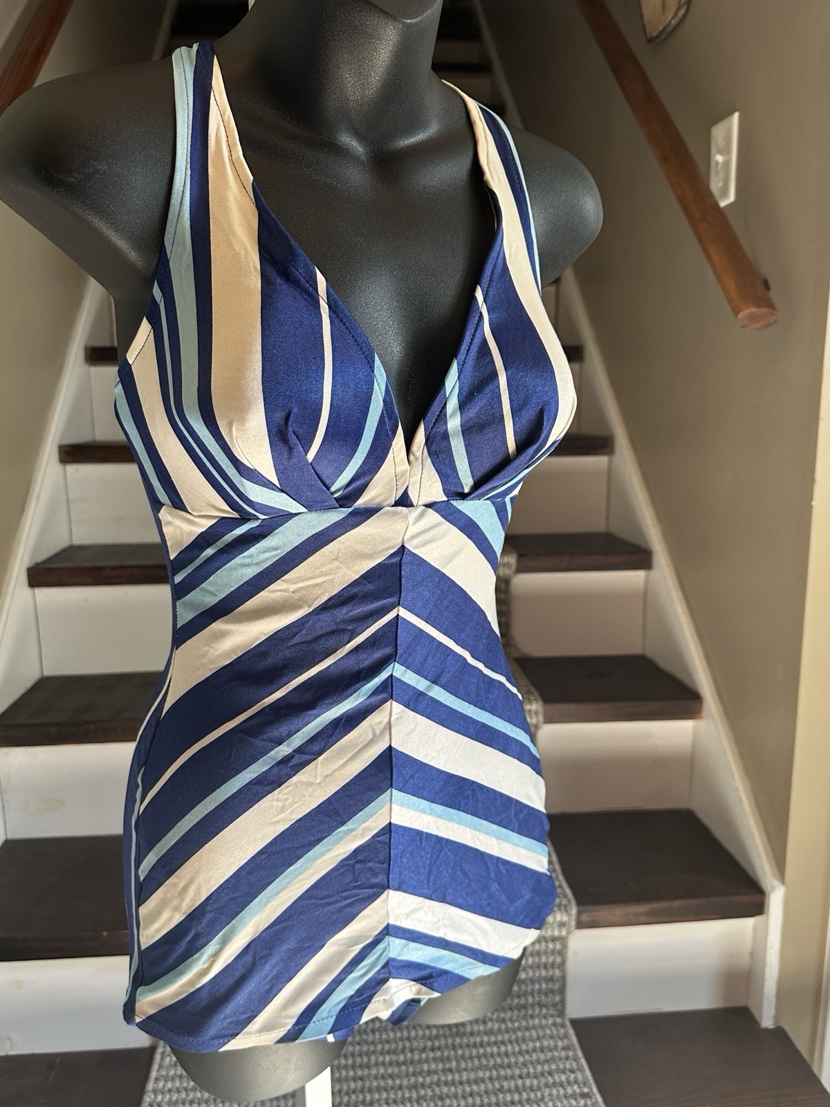 Vintage 50s Pin Up Rose Marie Reid Blue White Chevron Swim Bathing Suit 14