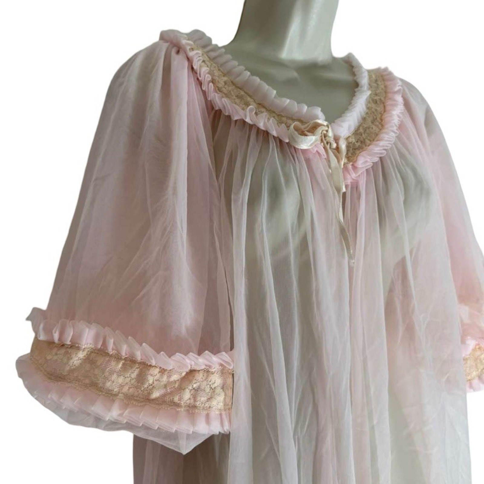 Vintage Unbranded Sheer Pink Lingerie Pleated Ruffle 60s Robe Long Length sz L