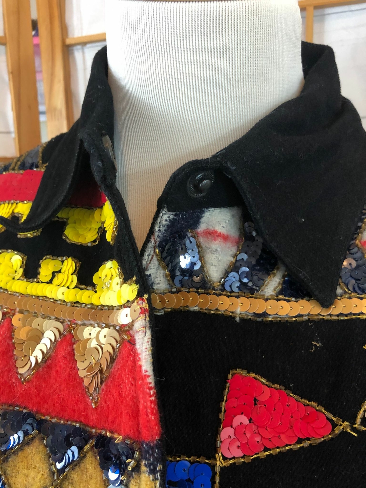 Vintage Modi Denim Black with Red Cotton Snap Button Front Sequined Jacket 8-10