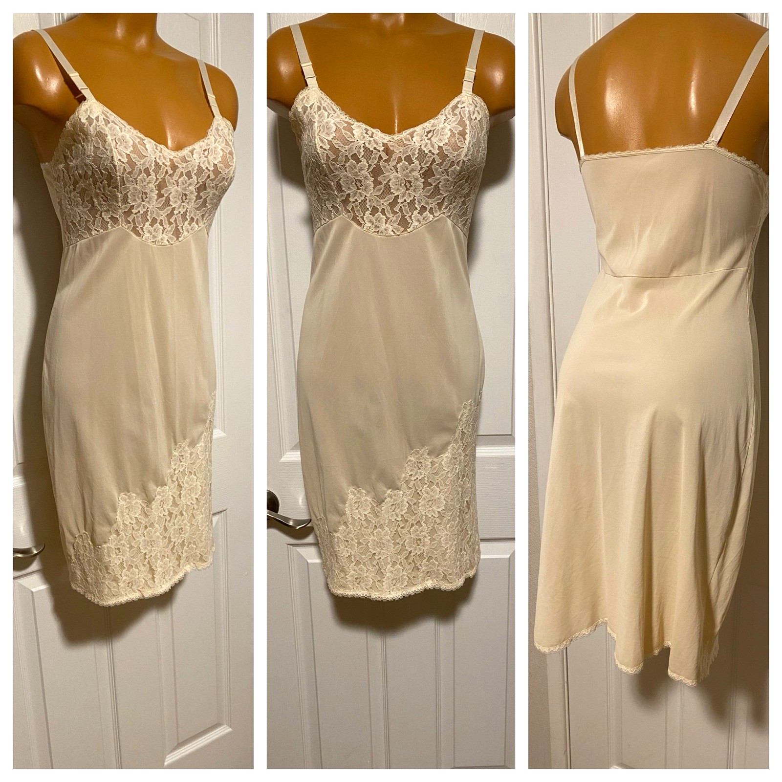 VTG 1960’s RARE DEENA LINGERIE IVORY W/ CASCADING LACE TRIM FULL SLIP SZ 34