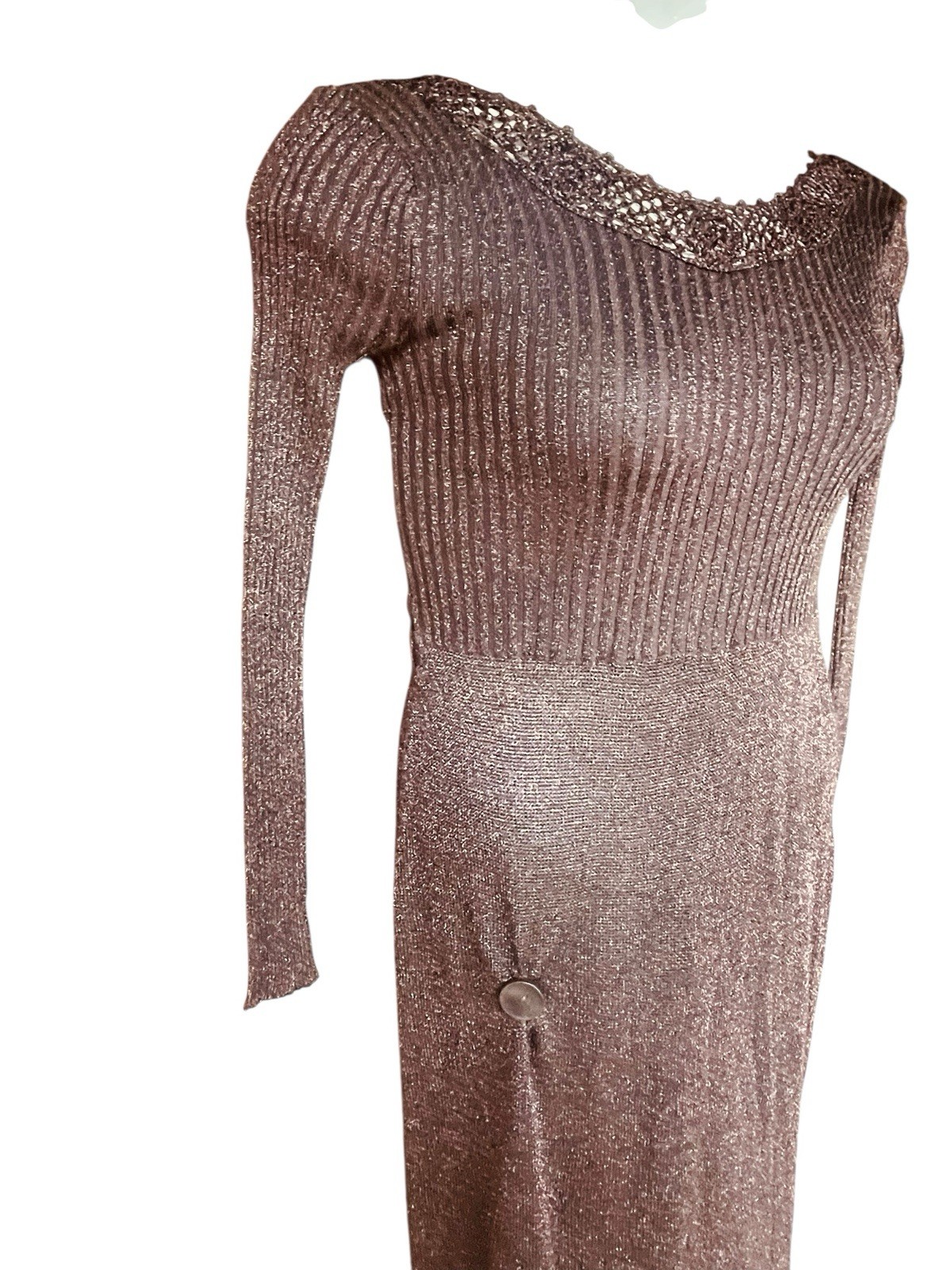 Vtg 70’s WENJILLI Bronze Metallic Slinky Knit Lurex Shimmer Maxi Dress 11 / 12