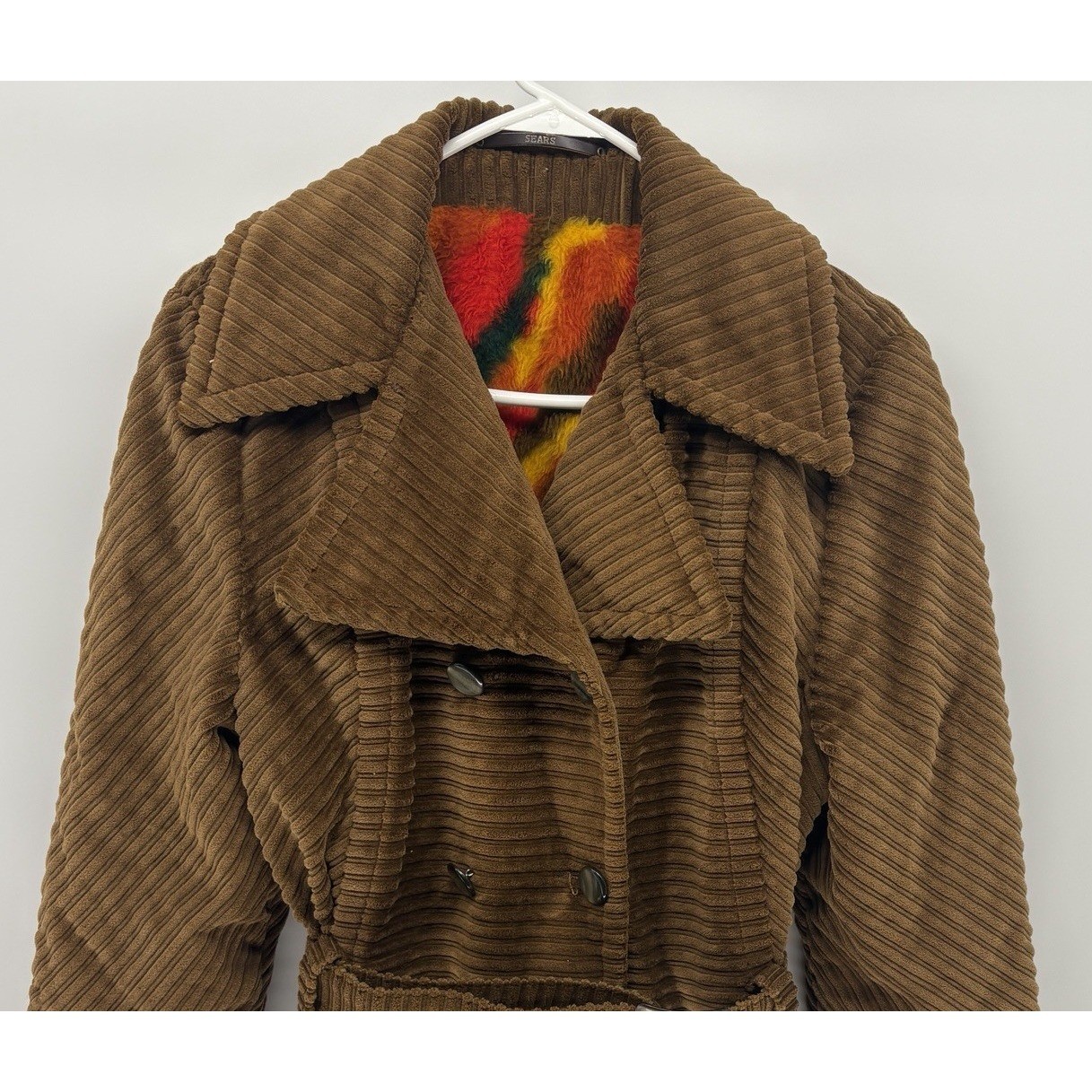 Vintage Sears Double Breasted Corduroy Jacket Belted Mid Length Hippy Women XL