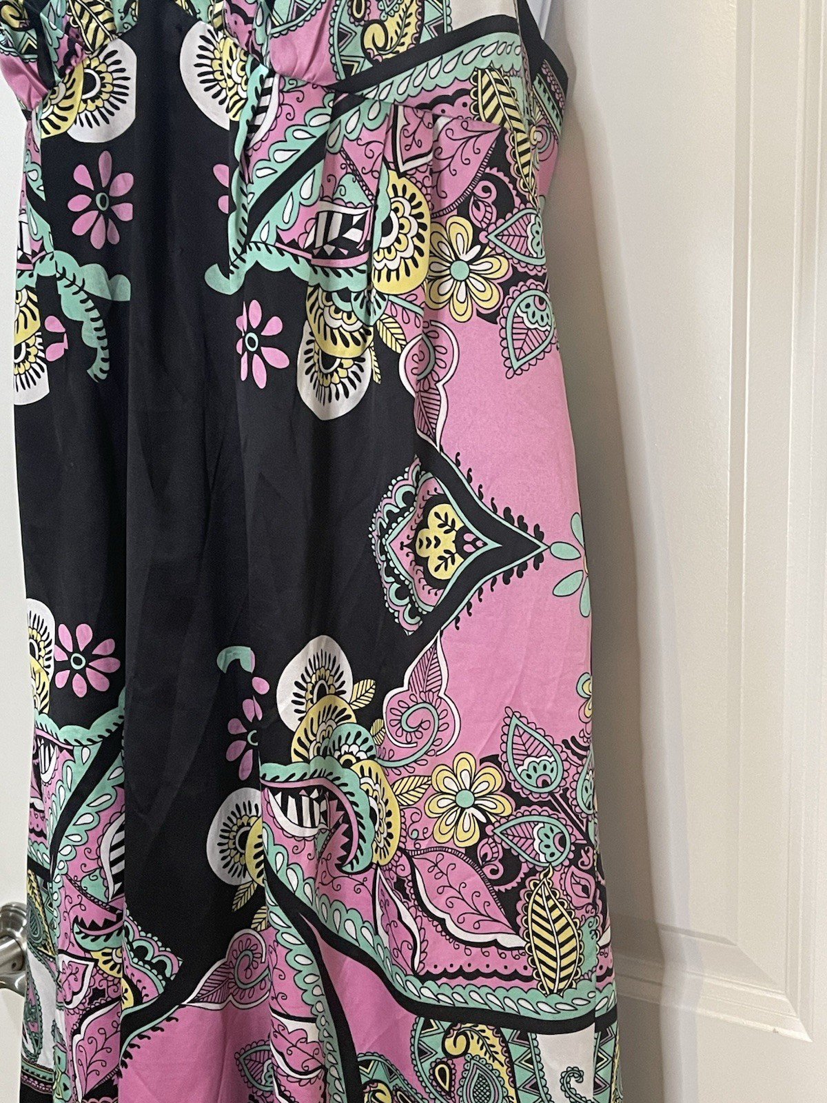 Vintage Y2K Ice Pink & Black Satin Slip Dress Paisley Spaghetti Straps Size 14