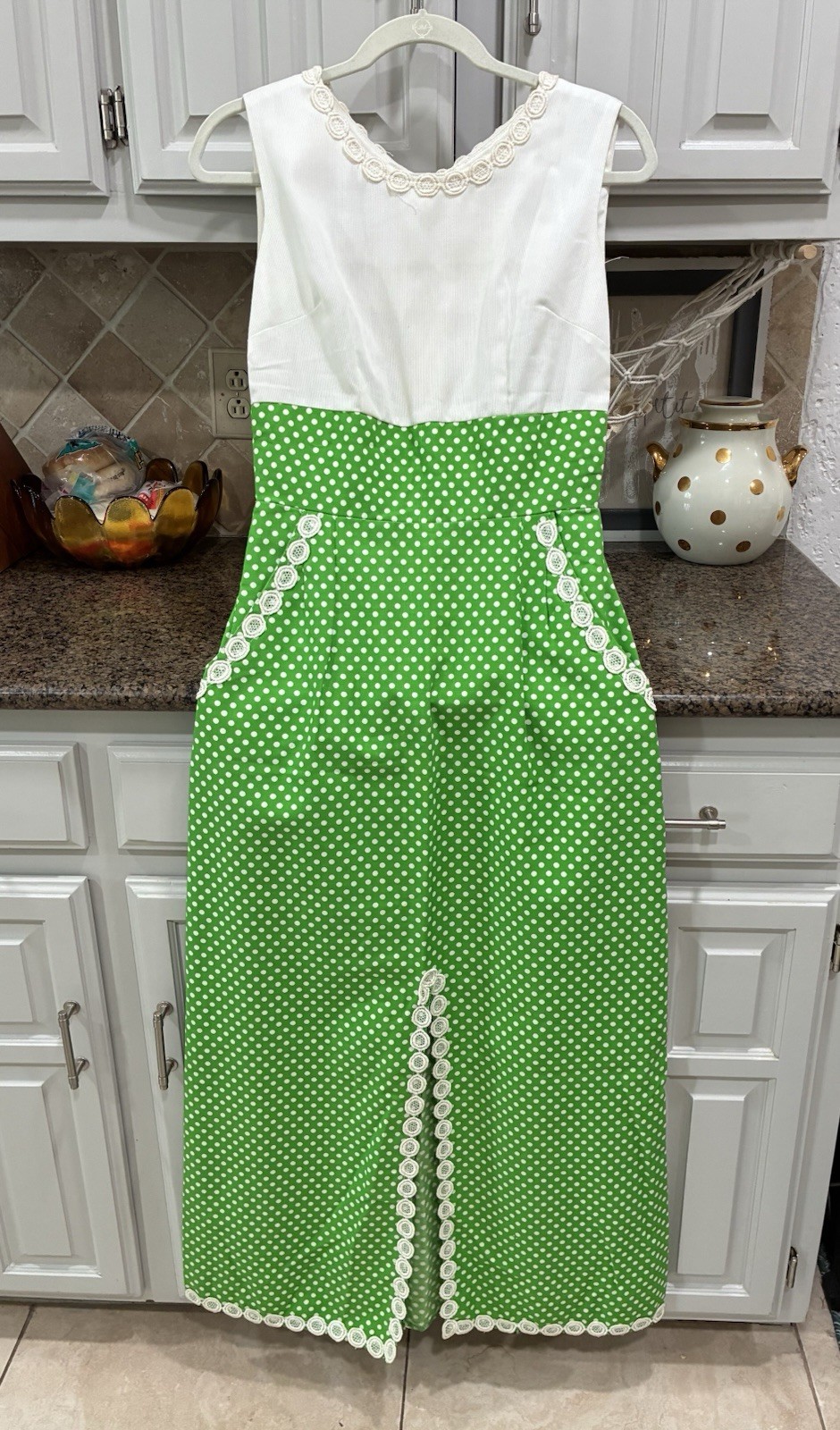 Vintage 1960’s Lounge Craft Green & White Polka Dot Dress – Groovy