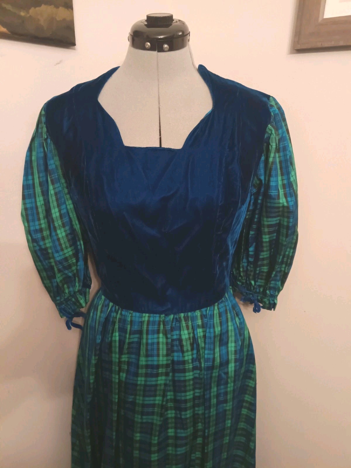 Vintage 80s Does 40s Folk Dress Plaid And Velvet Christmas Blue And Green Sz S/M