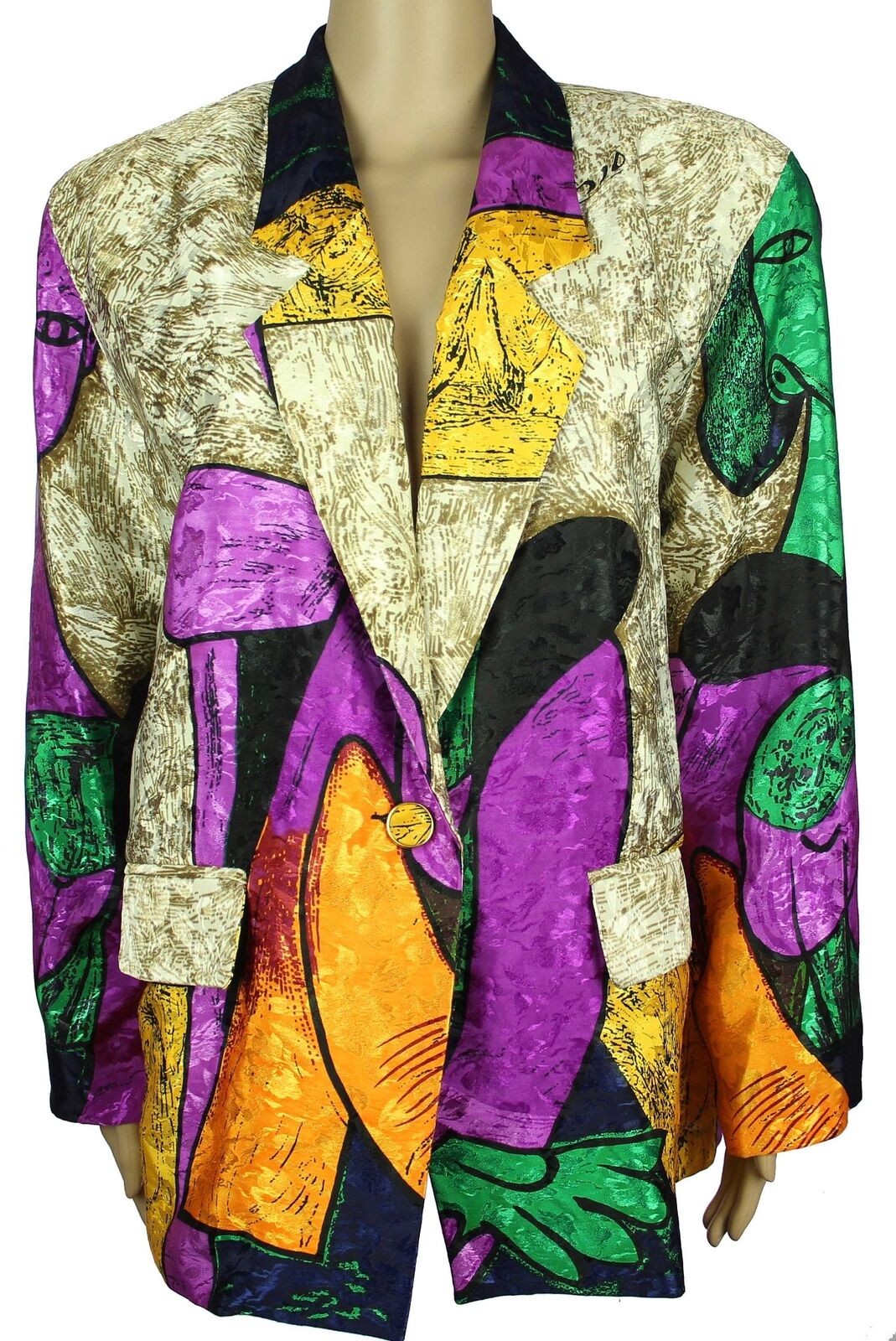 Vintage Satin Blazer Jacket PICASSO Double Face All Over Cubist Print 1980s XL