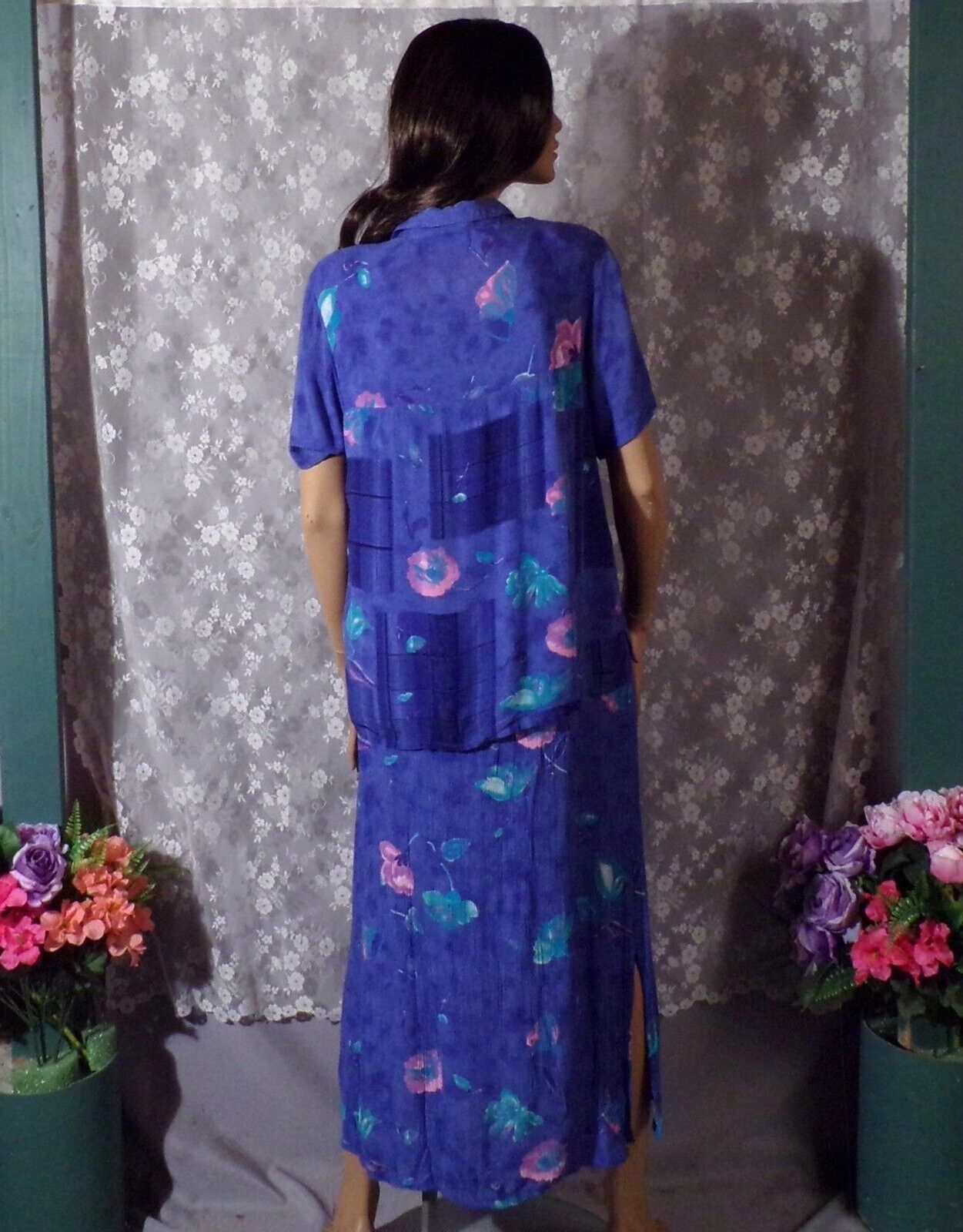 Vintage 90s Blue Floral Dress & Top Size Medium Retro 1990s Boho Watercolors
