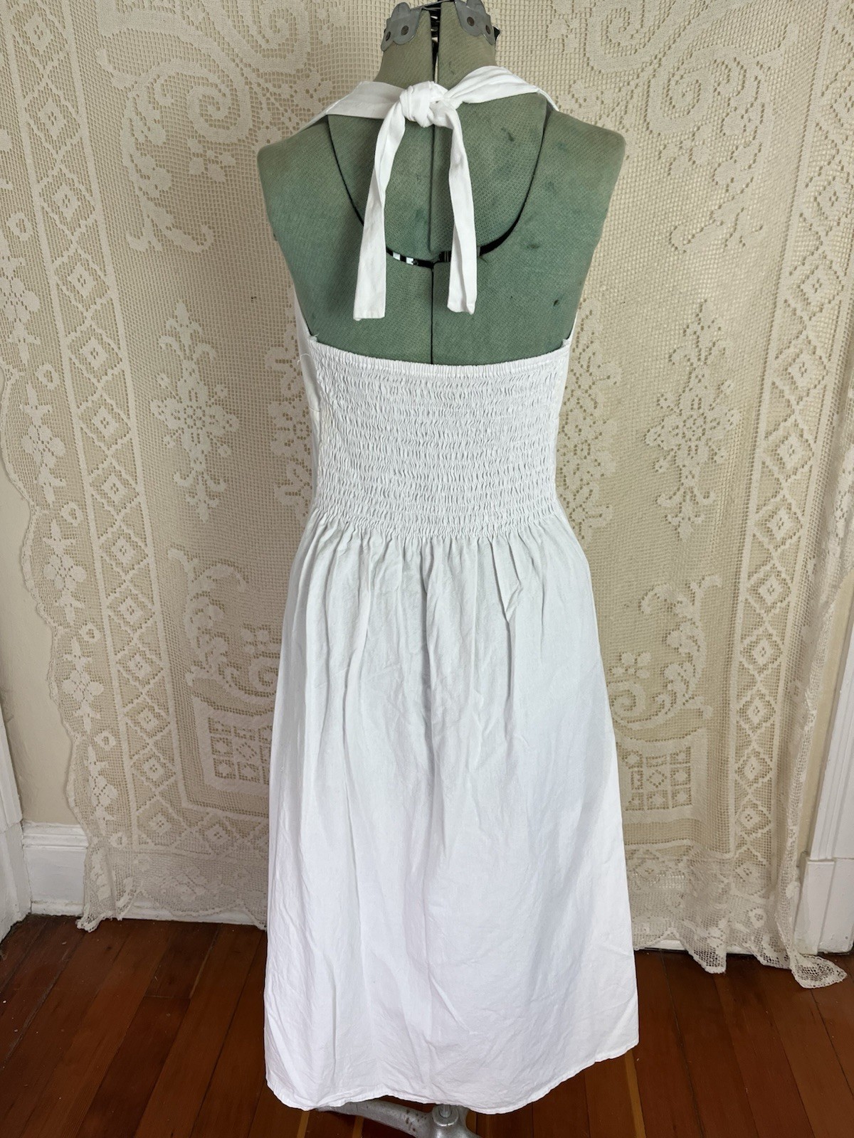 Vintage 1970s Mexican White Cotton Purple Flower Embroidered Halter Dress 70s