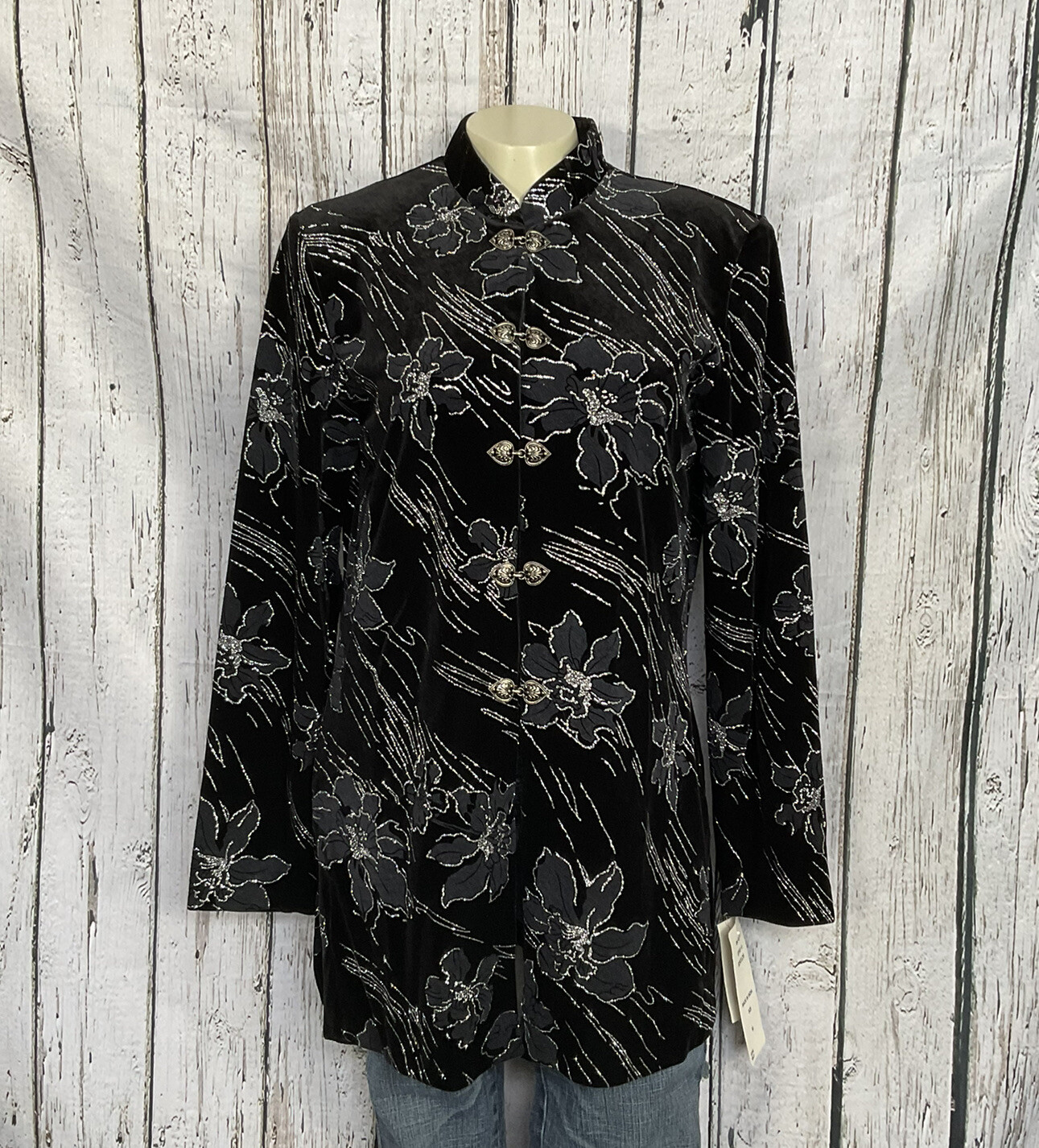 NWT Vintage JBS LTD Black Velvet Silver Glitter Flowers Asian Style Tunic Medium