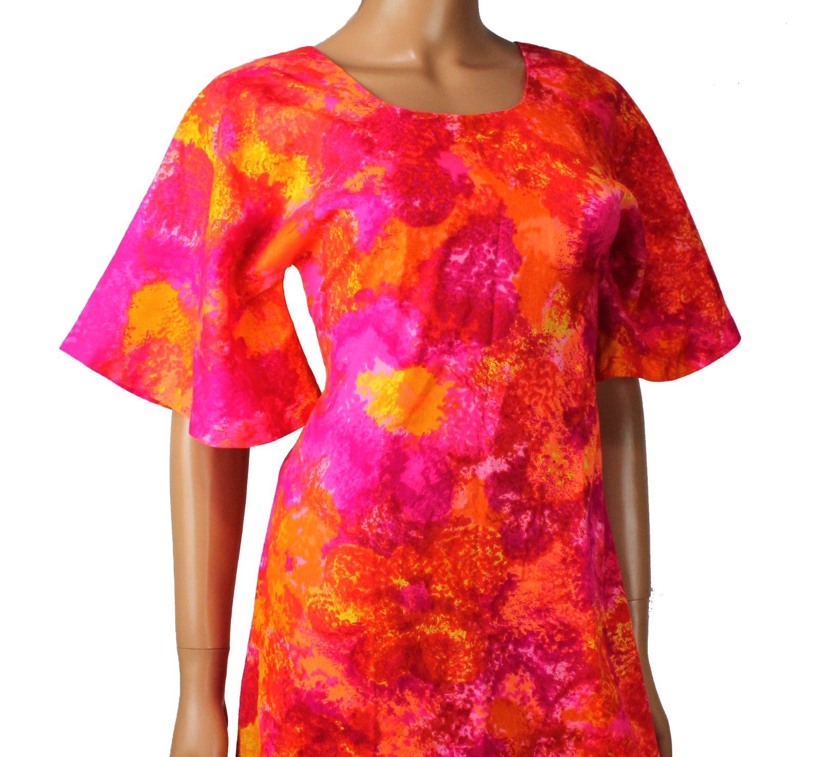 70s Hawaiian Maxi Dress Sz XS Vintage Bright Orange Pink Floral Long Cotton Mumu