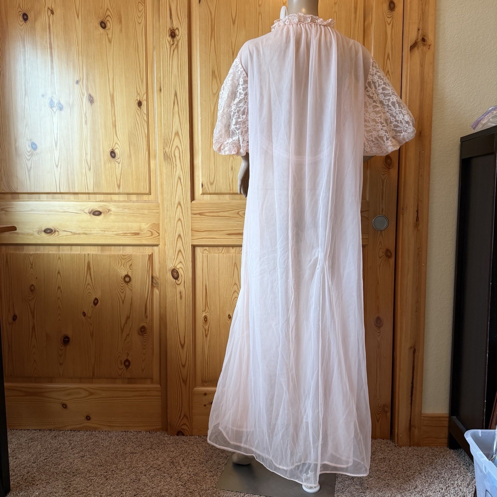 Vintage 60s Pandora Lingerie Peignoir M Nylon Double Chiffon Lace Puff Sleeves